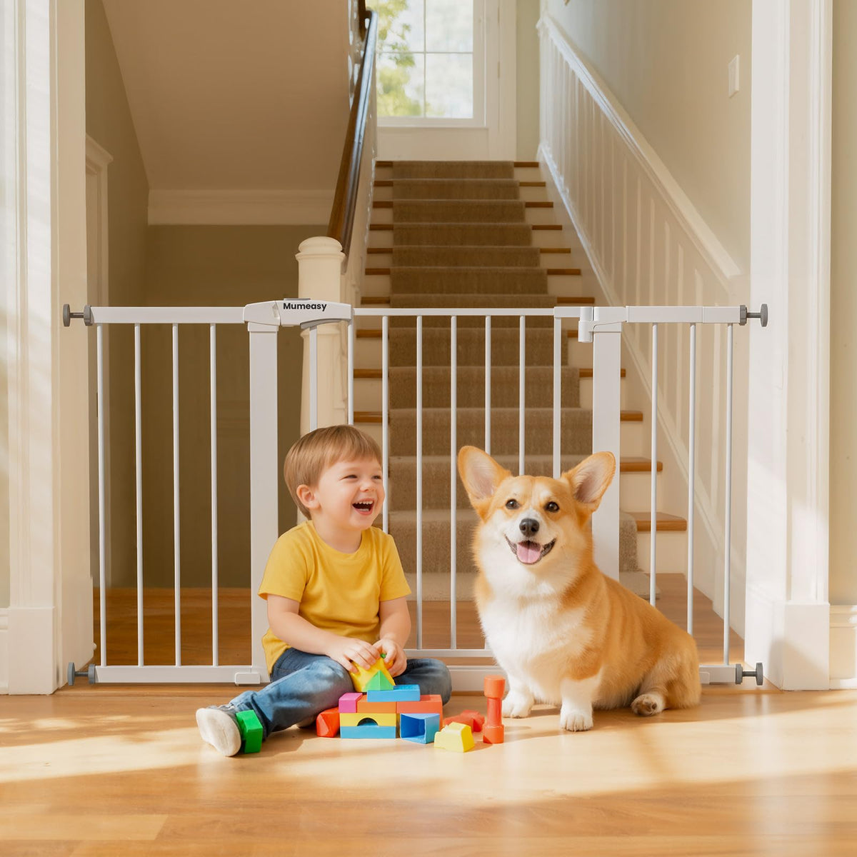 Mumeasy 29.7–51 Inch Extra Wide Baby Gate for Stairs, Extra Long Indoor Dog Gate for Doorways, Pressure Mounted Walk Thru Child Gate with Auto-Close, No-Drill Safety Pet Gate with Door for House,Black