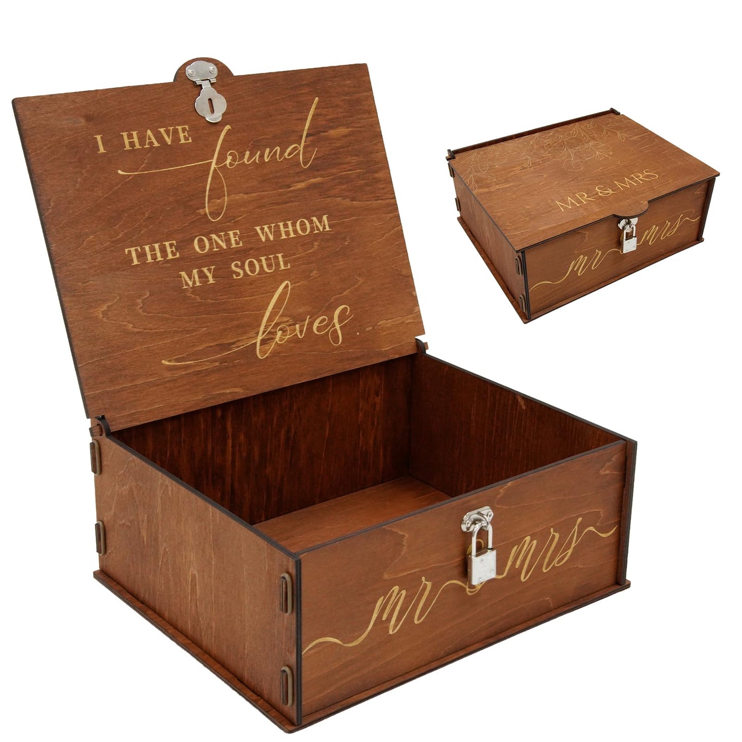 OurWarm Wedding Keepsake Box with Lock, Large Wooden Memory Box for Keepsakes, Wood Decorative Photo Storage Boxes with Lids, Mr and Mrs Personalized Anniversary Engagement Gifts for Couples