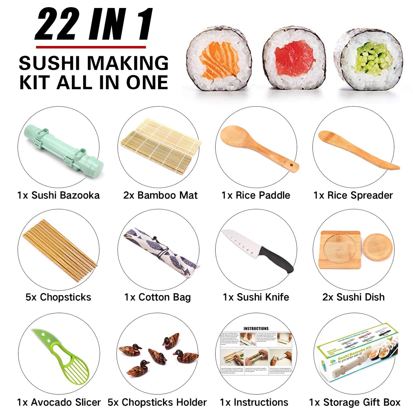 SmileTools Sushi Making Kit, 22 in 1 Sushi Roller Sushi Maker Kit with Bamboo Sushi Rolling Mats, Bazooka, Chef's Knife, Chopsticks, Sauce Dishes, Rice Spreader, Avocado Slicer, Guide Book