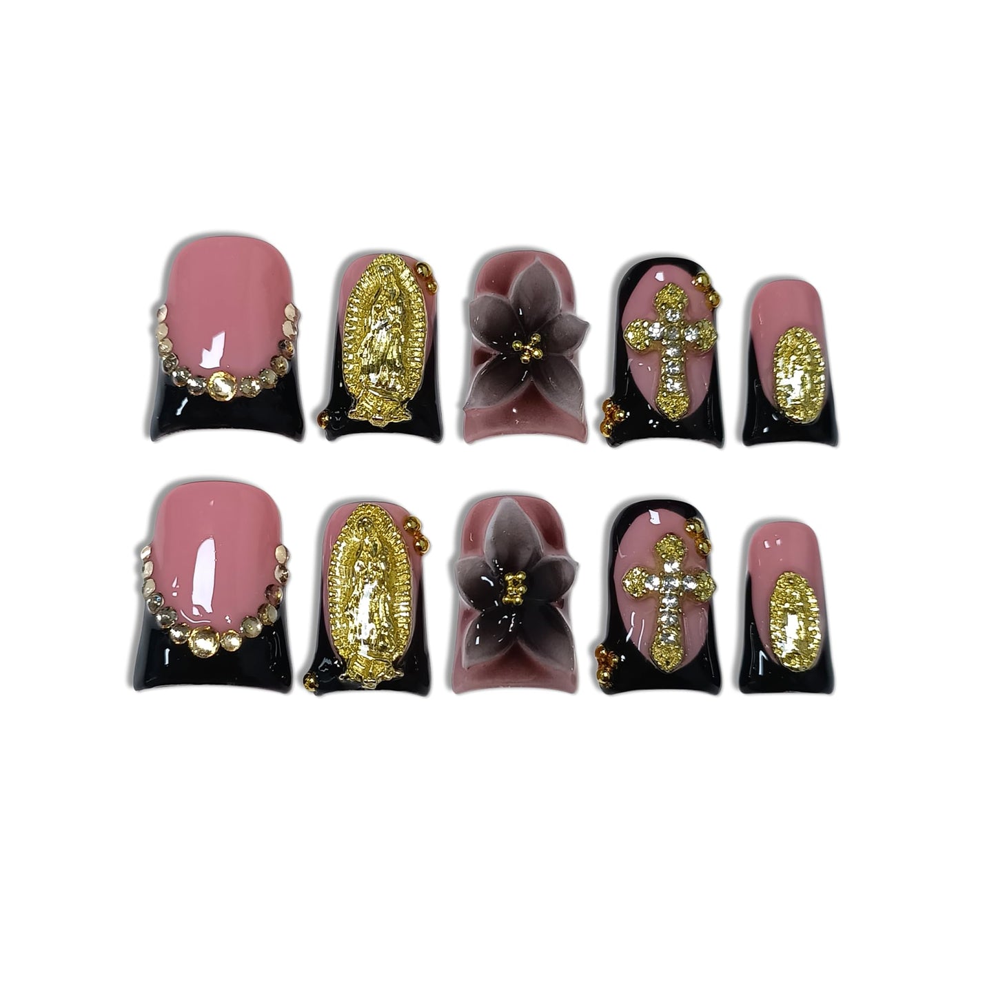 TENPAL Duckbill Press on Nails - Black Pink French with 3D Cross & Saint Charm | Ornate Handmade False Nails | Gothic Y2K Style(L)