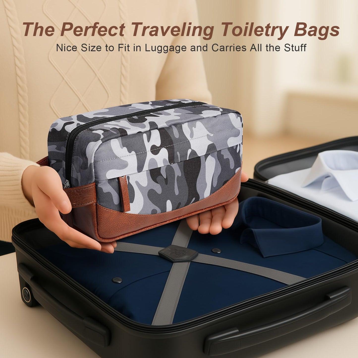 Ezday Travel Toiletry Bag for Men, Hanging Toiletry Organizer, Water Resistant Shaving Kit with Large Capacity for Travel Accessories (Camo-Gey, Medium)