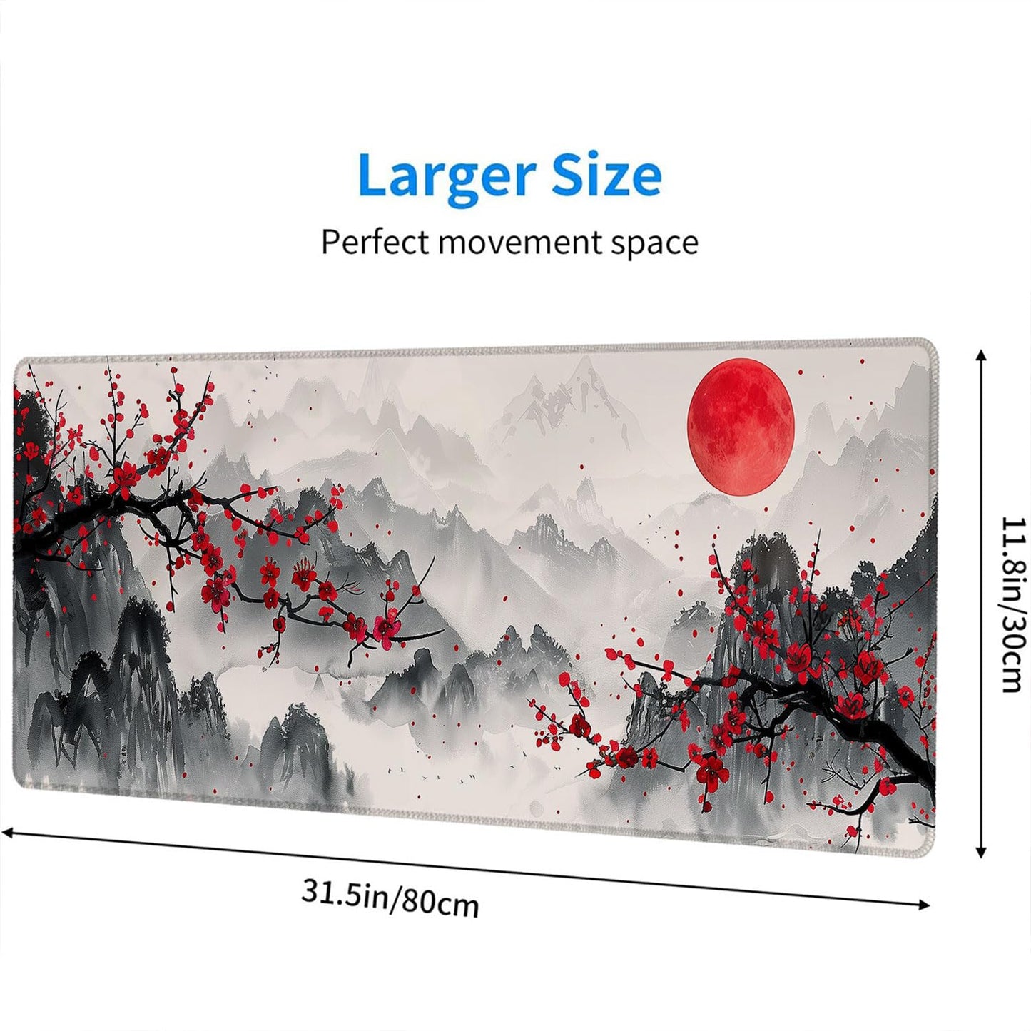 Watercolor Cherry Blossom Gaming Mouse Pad - Chinese Ink Painting Mountain Desk Mat With Stitched Edge Non-Slip Base for Office Computer Keyboard Laptop Home 31.5"x11.8"