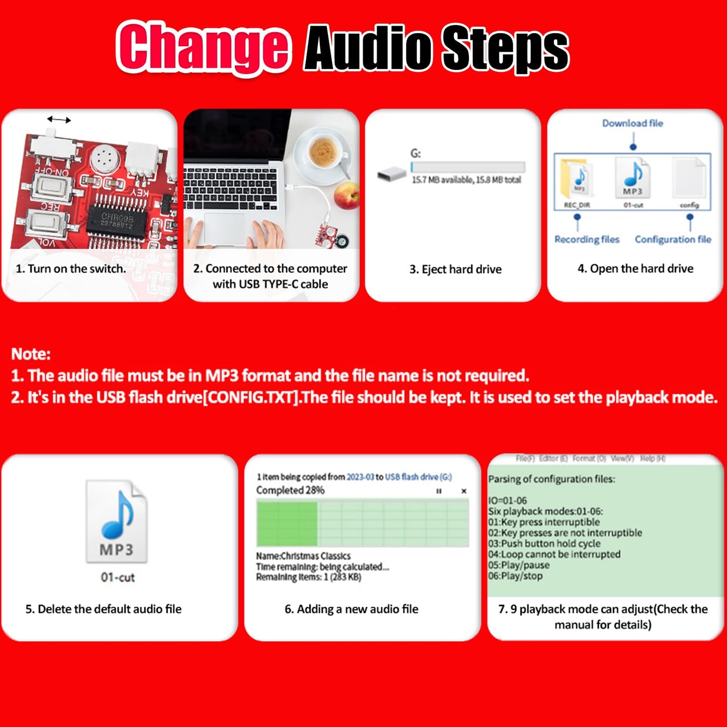 Sound Module, JRGKJCP 16MB Push Button, Magnetron,Light Control Activated Recordable Voice Sound Chip Module with Light Strip,Speaker,for Greeting Card Audiobook, Xmas Presents Boxes, Kids's Toys.