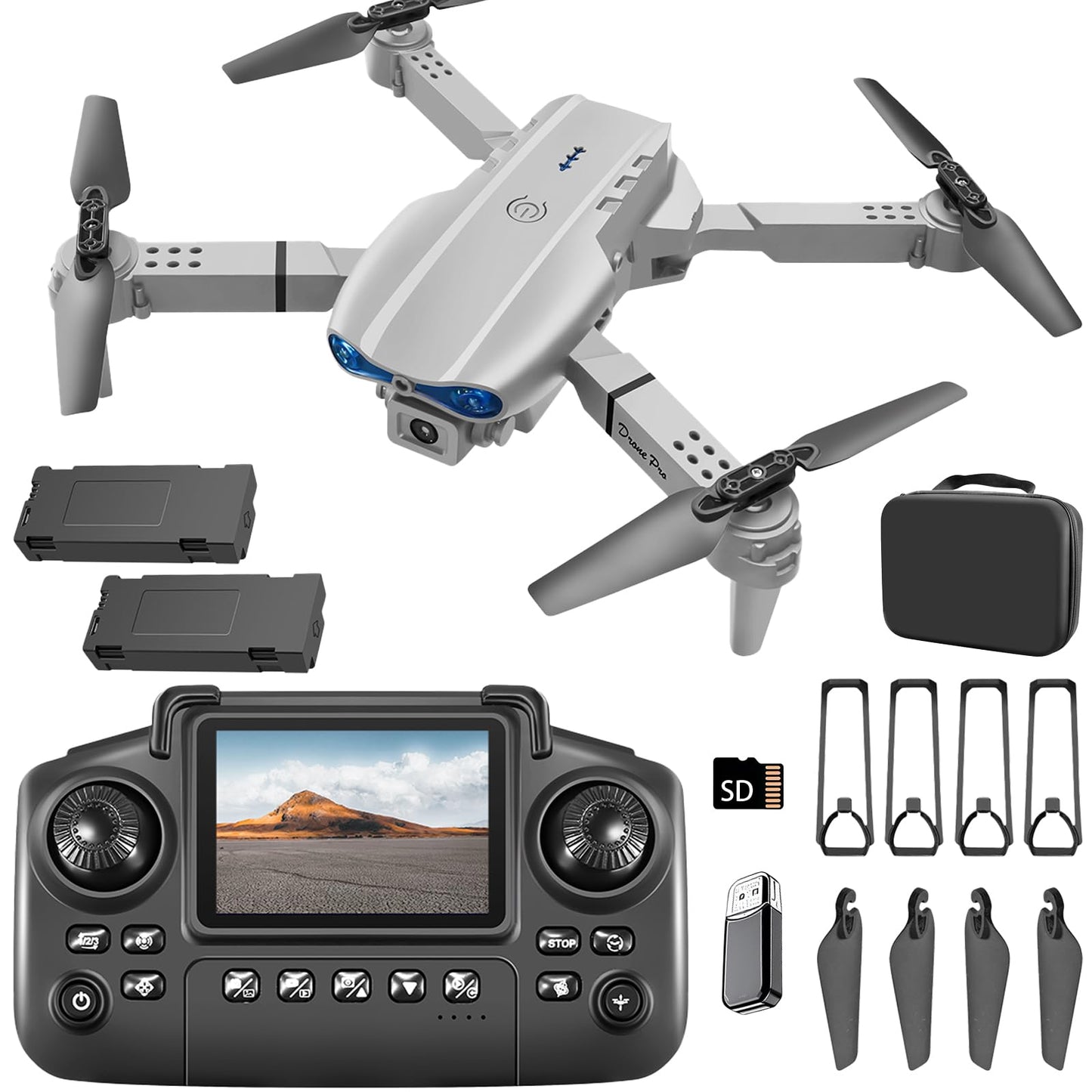 elecci E99 Drone with Screen Controller, Two-batteries, Altitude Hold, One Key Take Off/Landing, Active Obstacle Avoidance. with Black Outdoor Carrying Case. (White - 2 batteries)