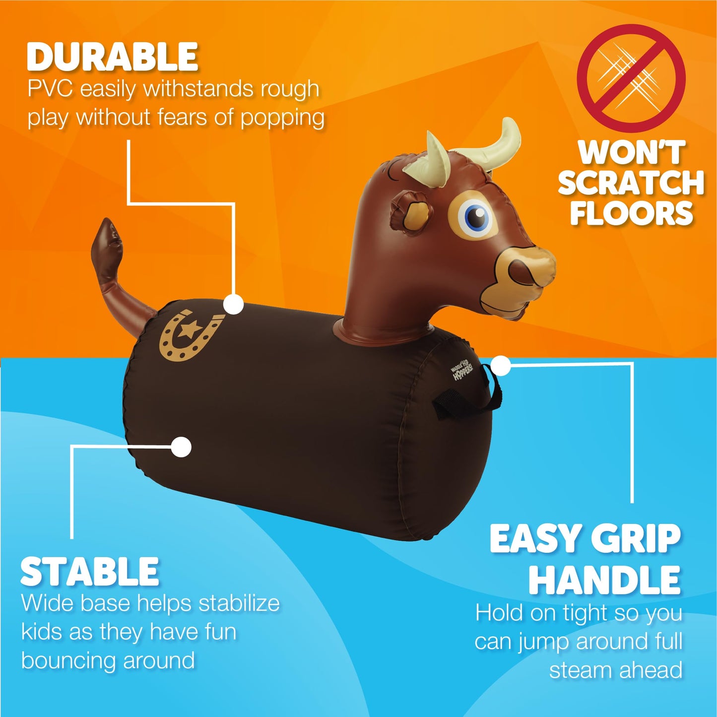Waddle Hip Hopper Inflatable Hopping Animal Bouncer Brown Bull, Ages 2 and Up, Supports Up to 85 Pounds