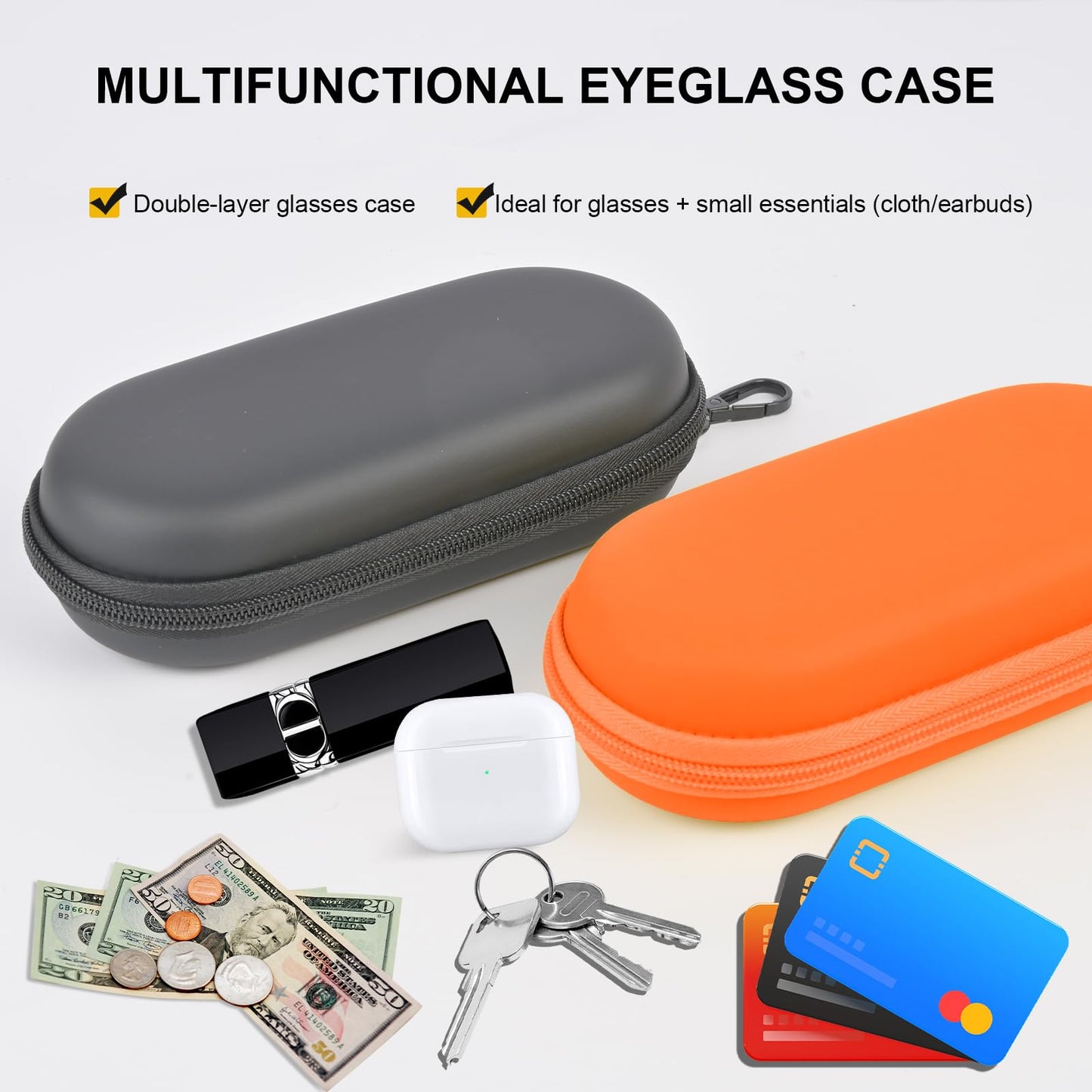 popolov Double Glasses Case,Dual Eyeglasses & Sunglasses Organizer with Clip Zipper Closure for Travel 2 Pairs Storage Box Orange