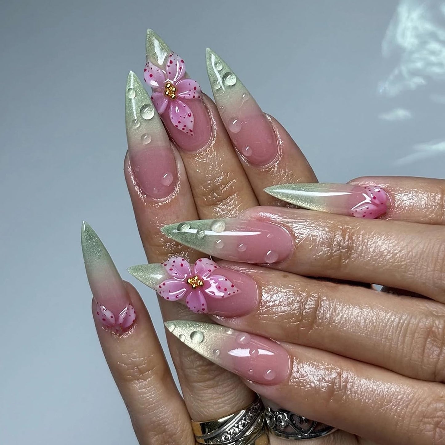 MISUD Press on Nails - Long Stiletto Fake Nails with Green Cat Eye, Acrylic Handmade Pink Flower Design 24 pcs