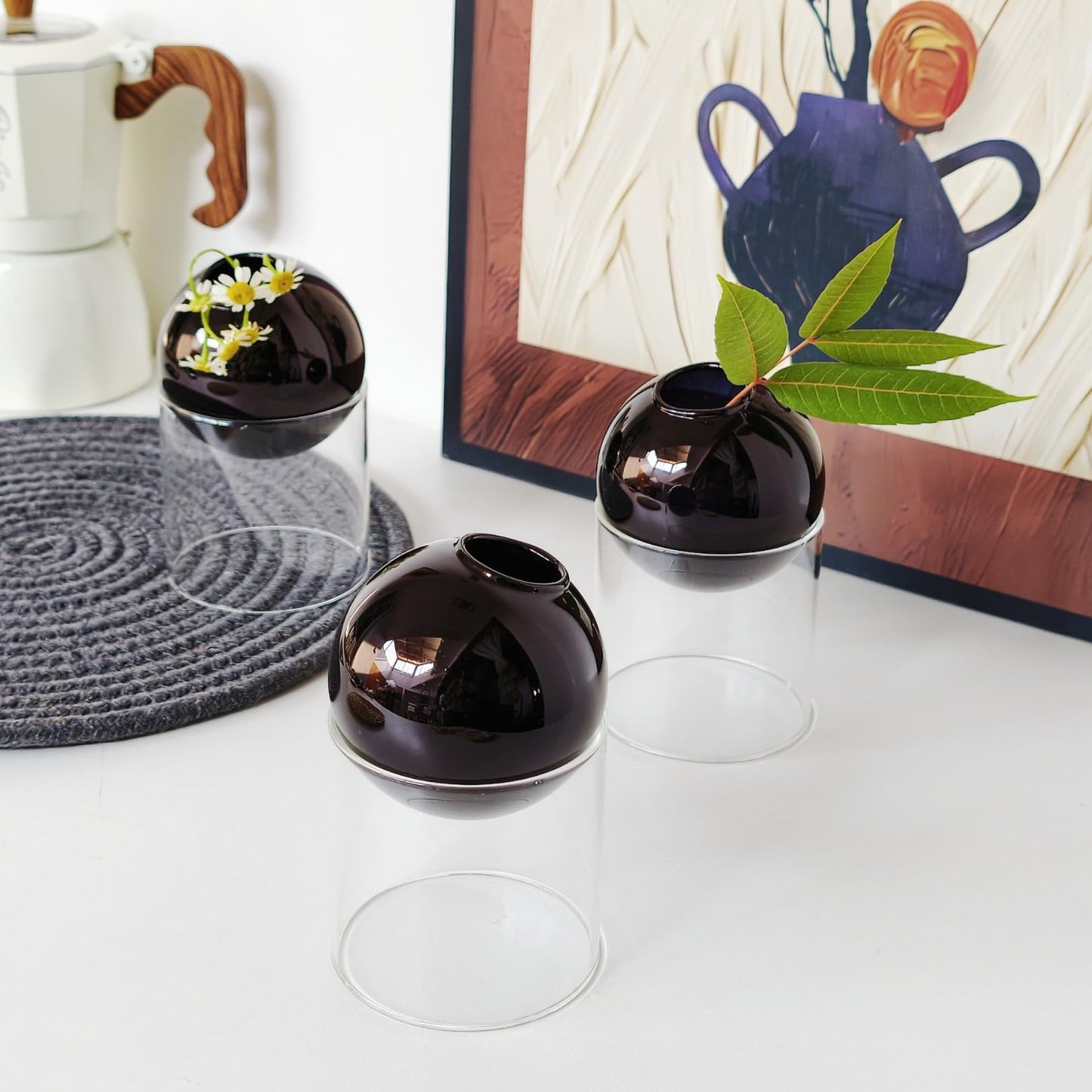 3-Pack Modular Black Glass Vase Set | Minimalist Aesthetics Bud Vase & Desktop Glass Planter with Clear Stand, Small Flower Vase