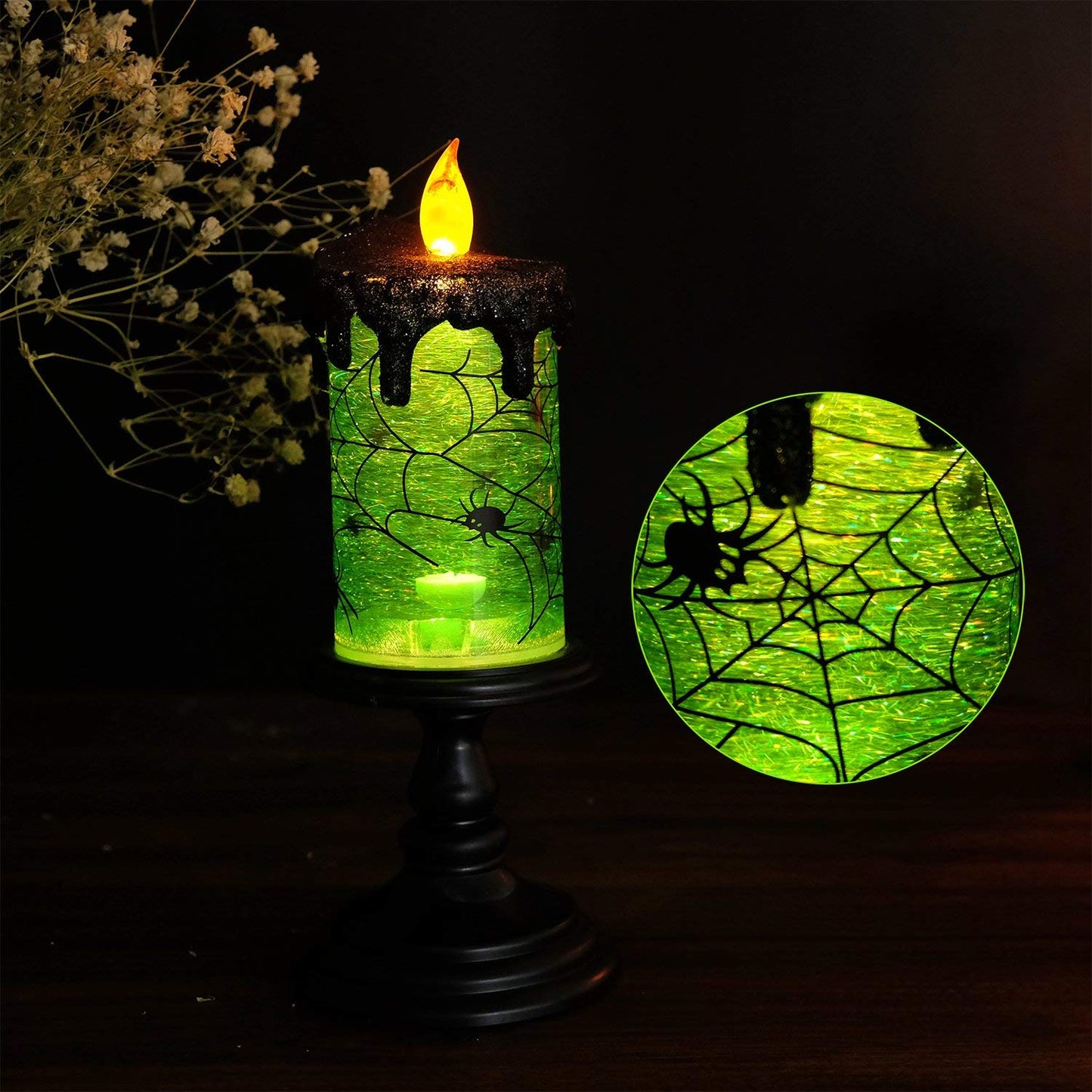 DRomance Halloween Flameless Candle Snow Globe Battery Operated with 6 Hour Timer, Green Light Spider Decal Water Tornado Lamp LED Candlestick Halloween Season Decor Gift 4 x 10 Inches