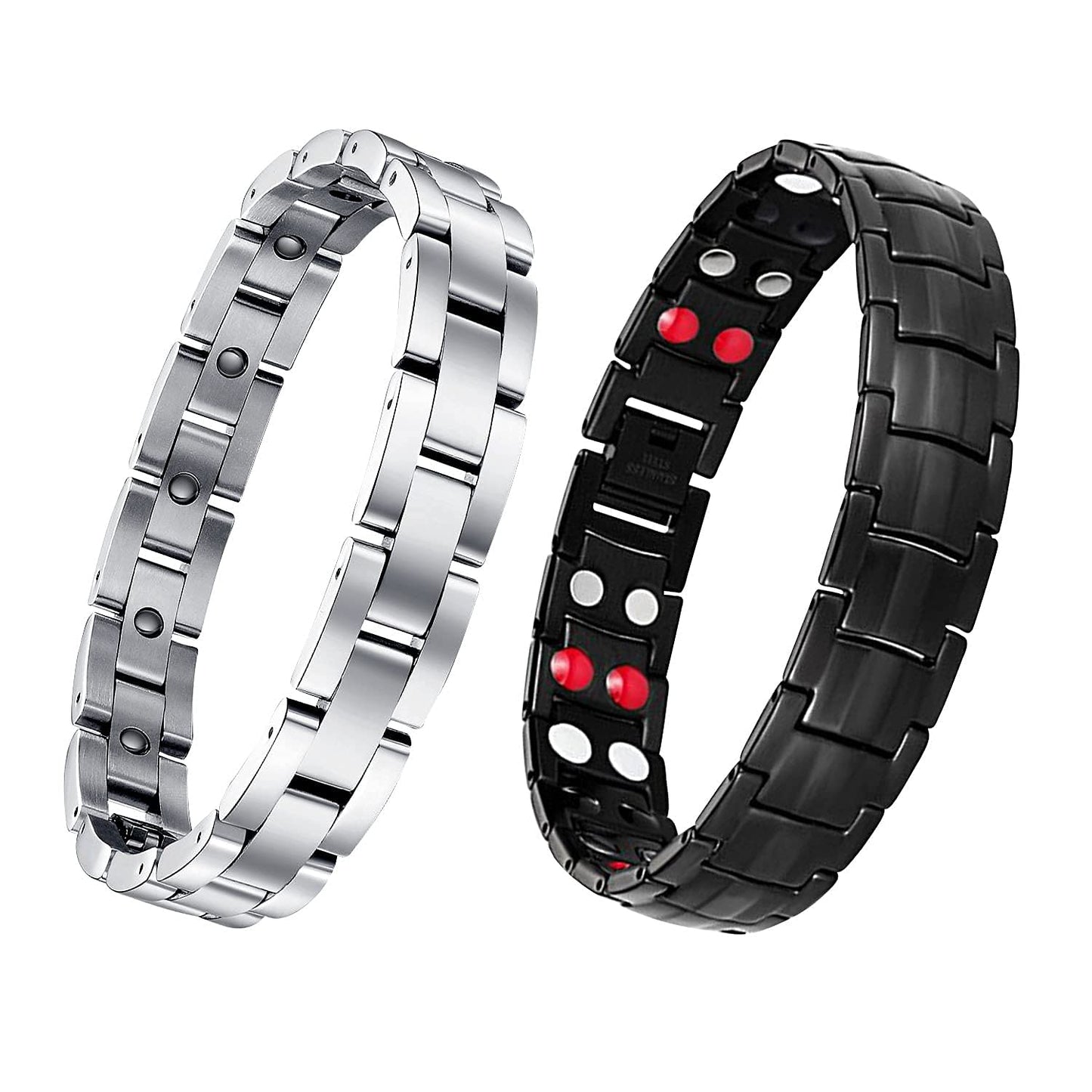 Feraco Magnetic Bracelets for Men Sleek Titanium Stainless Steel Magnetic Bracelet with Double Row 4 Elements Magnets Adjustable (Set of 2)