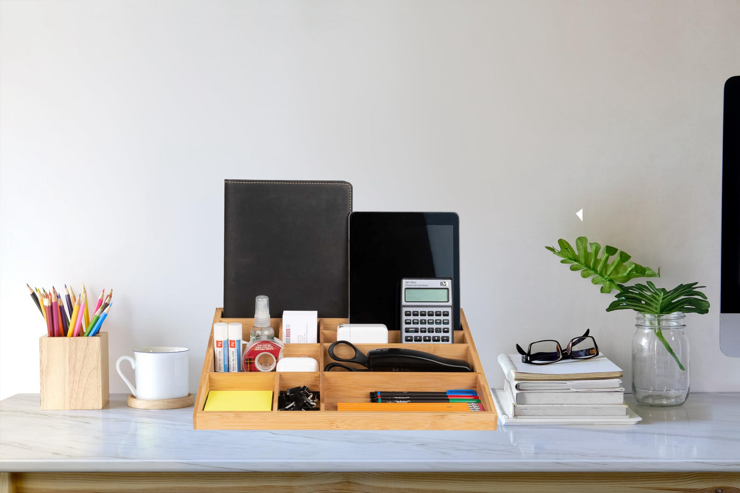 Theodore Bamboo Desktop Organizer – 10‑Compartment Natural Wood Storage Tray for Office, Home, Kitchen & Vanity – No Assembly, Water‑Resistant, Eco‑Friendly