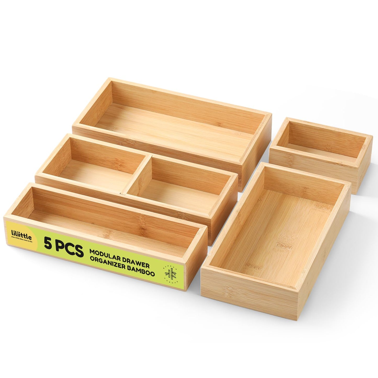 lilLittle Bamboo Drawer Organizer, 5 Pcs Kitchen Drawer Organizer Set, Multi Purpose Utensil Drawer Organizer, Silverware Organizer for Kitchen, Bathroom, Office, Junk Drawers