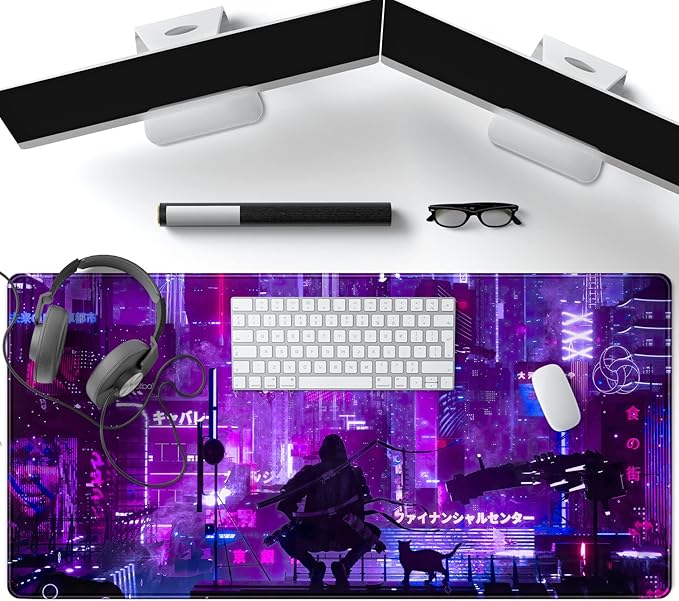 Anime Neon Mouse Pad Purple City Gaming Desk Big Cute Kawaii Pink Extended Mouse Pad Gaming,Office Keyboard Pc Laptop Mousepad Large 31.5x15.7 in-with Stitched Eges Non-Slip Base Mouse Pads Mat