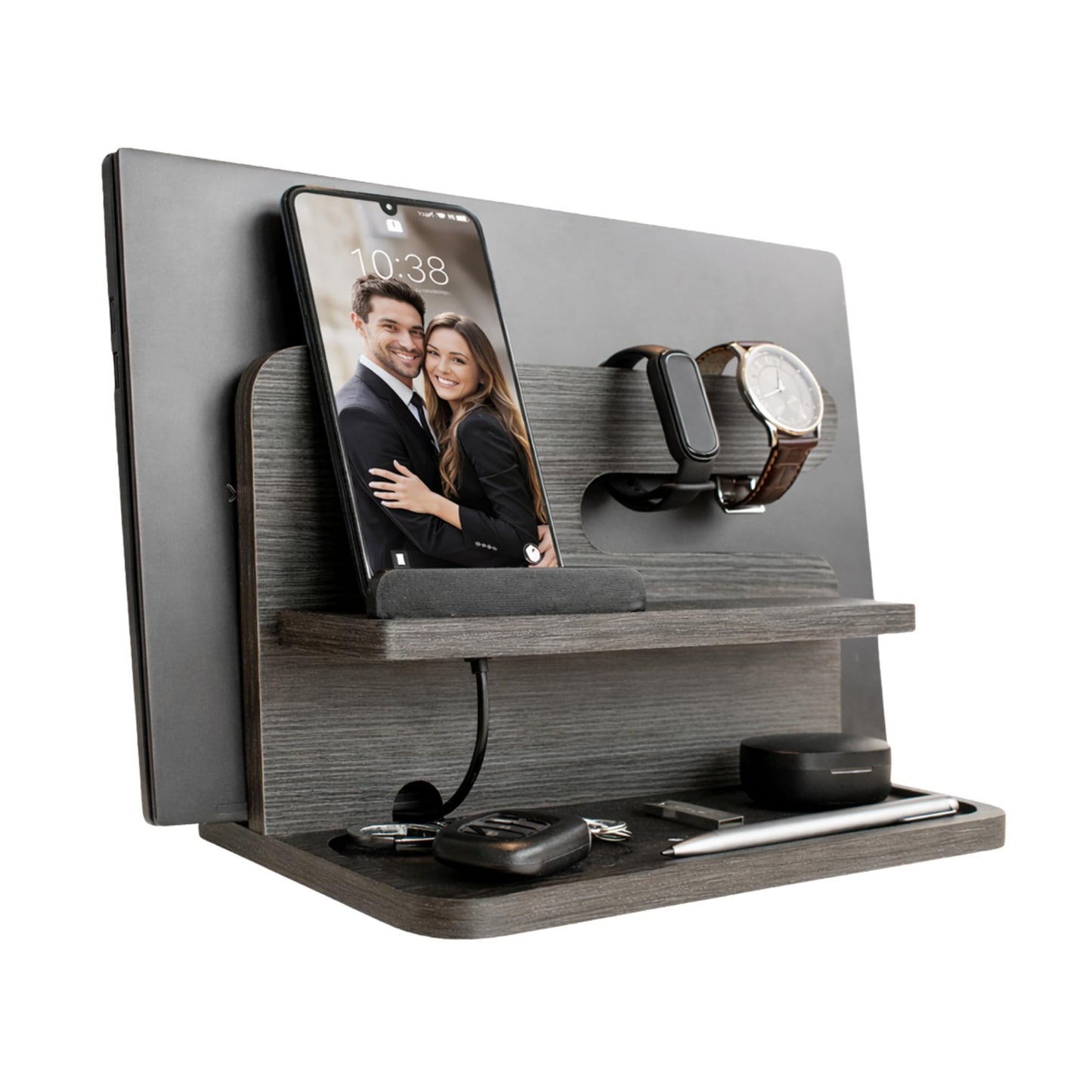 Namore Bedside Valet Tray Organizer for Men – Wood Phone Docking Station with Tablet Holder for Wallet, Watch & Keys – Nightstand Organizer Gift for Him