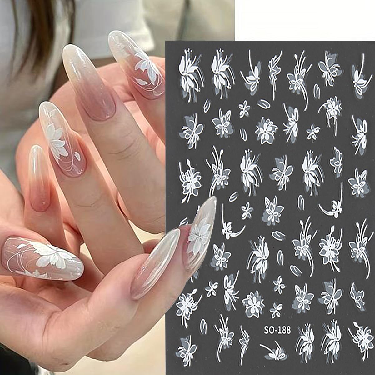 6 Sheets Flowers Nail Art Stickers Black White Bow Flower Decal Nail Decoration Nail Art Supplies 3D Self Adhesive Petal Nail Design Floral Flower Nail Decal Spring Summer Manicure Art Accessories