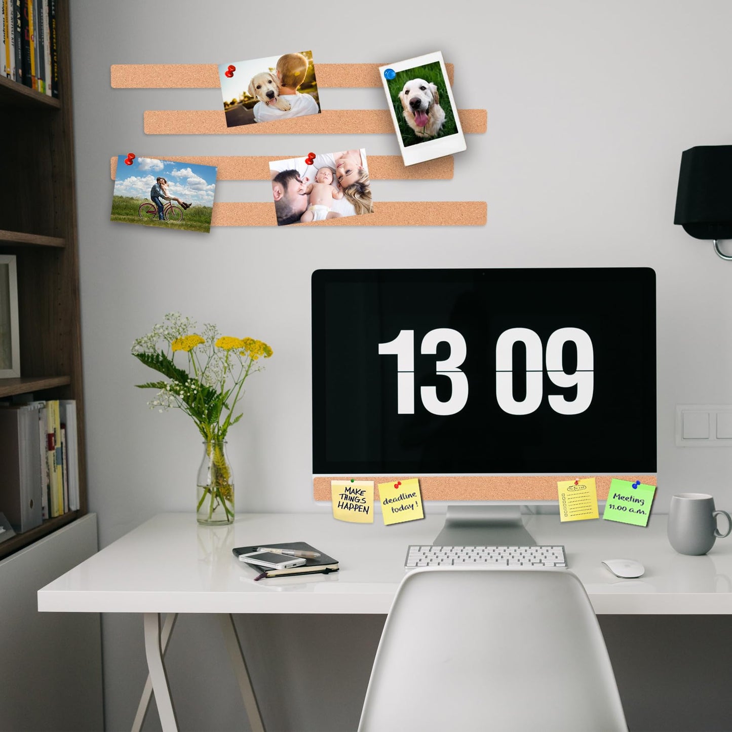 16 Pack Small Bulletin Strip Cork Strip Cork Board Tiles Bulletin Bar Strips for Walls, Adhesive Pin Board for Classroom Memo Office Home Kitchen School Desk, 14"x1"-10mm Thick