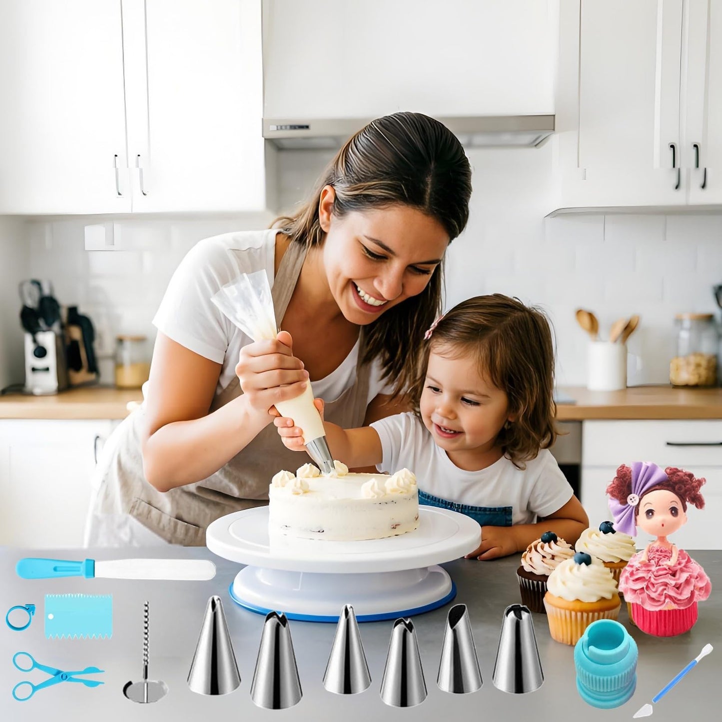 ANSLYQA Cake Decorating Kit, 340 Pcs with Cake Turntable, Leveler, 55 Numbered Icing+Skirt Tips, 2 Spatulas, 3 Scrapers, 2 Couplers, 100 Pastry Bags, 100 Cupcake Liners & More Baking Tools, (Blue)