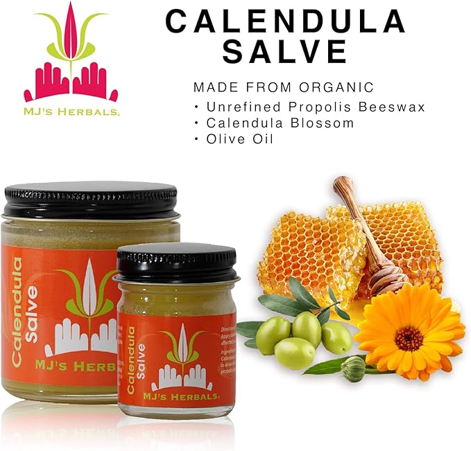MJ’s Herbals Calendula Salve - Skin Soothing Balm, Coconut-Free Salve Made w/Calendula Blossoms and Propolis Beeswax (4 oz)