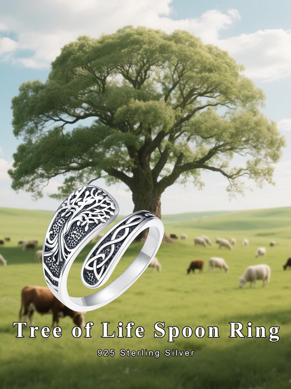 Midari Life of Tree Spoon Rings for Women 925 Sterling Silver Adjustable Vintage Celtic Life of Tree Ring Thumb Open Finger Rings Vintage Thumb Jewelry Gifts for Women Men Birthday Christmas Gifts
