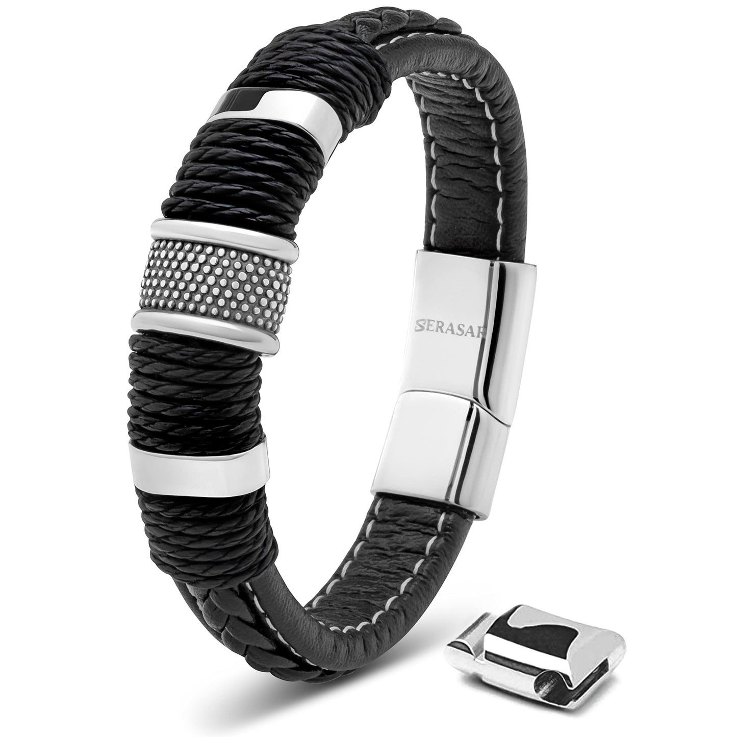 SERASAR Mens Leather Bracelet 17cm Silver Presents Men Gift Box Cowhide Braided Magnetic Clasp Multi Layer Wrap Rope Mans Male Bracelets Band Jewelry Magnet Accessories