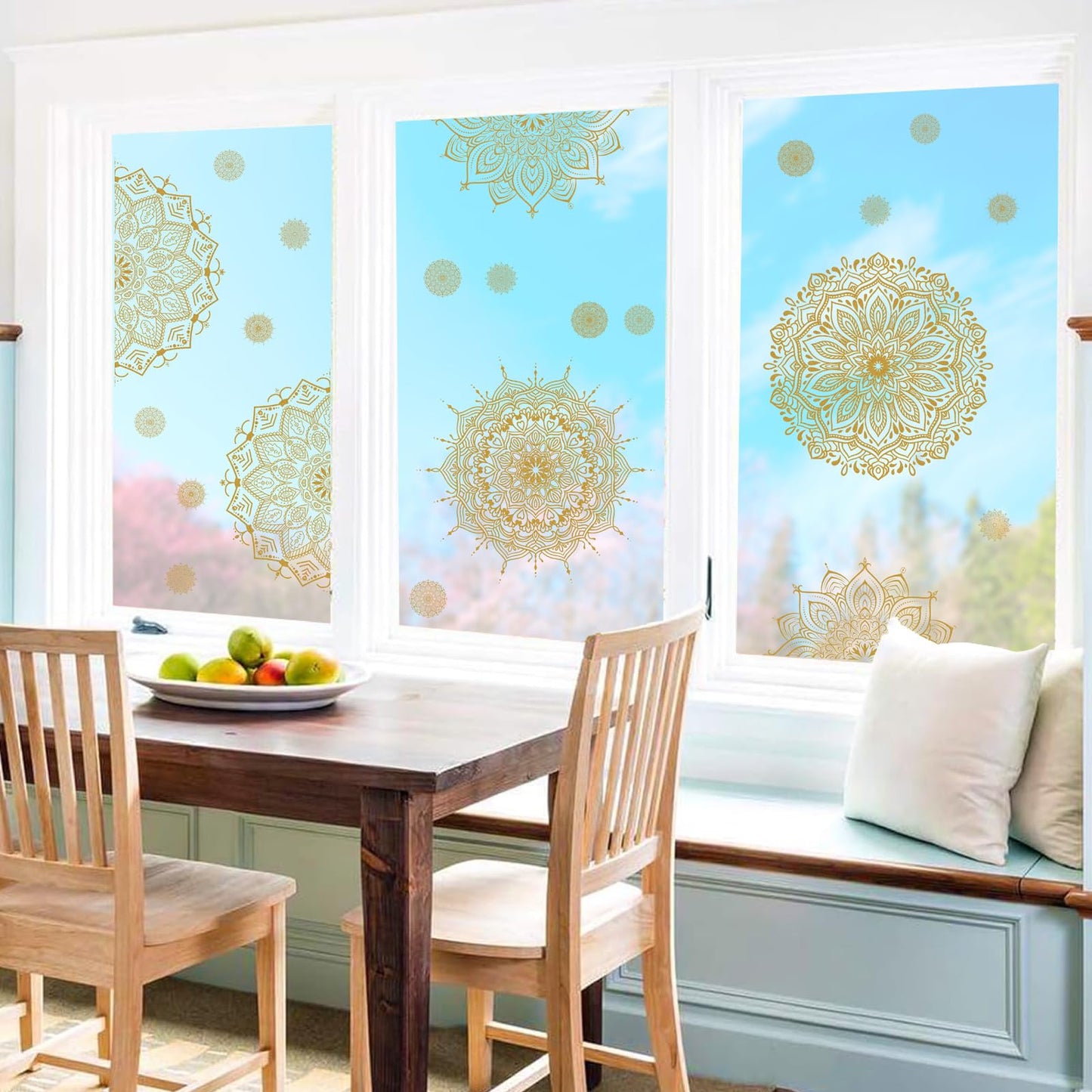 Kazova Gold Mandala Window Clings 22 Pcs 4 Sheets Double Sided Lotus Flower Window Stickers Vinyl Cling Non Adhesive Reusable Window Decals for Glass
