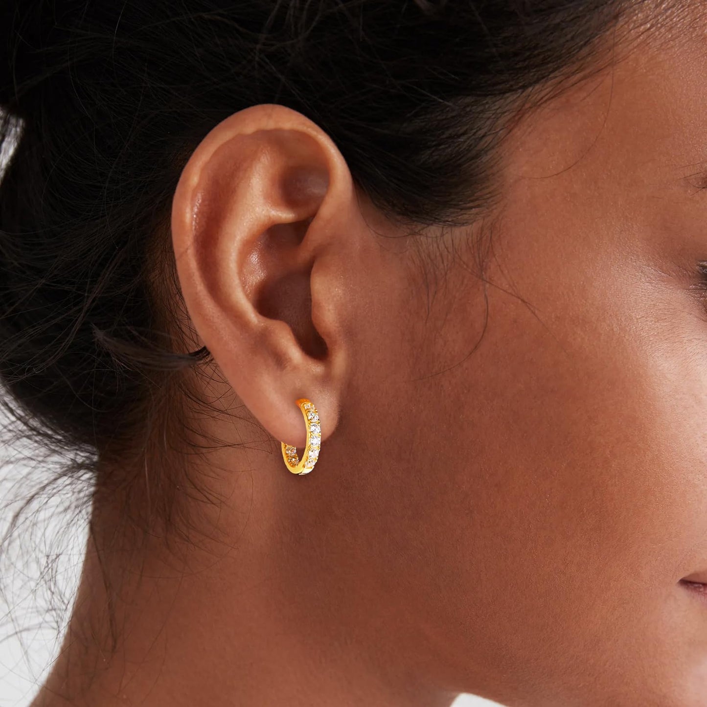 AGRULE 14K Yellow Gold Plated Chunky Huggie Earrings Sparkling Gemstone Sterling Silver Hypoallergenic Lightweight 15mm Diamond Hoop Earrings for Women