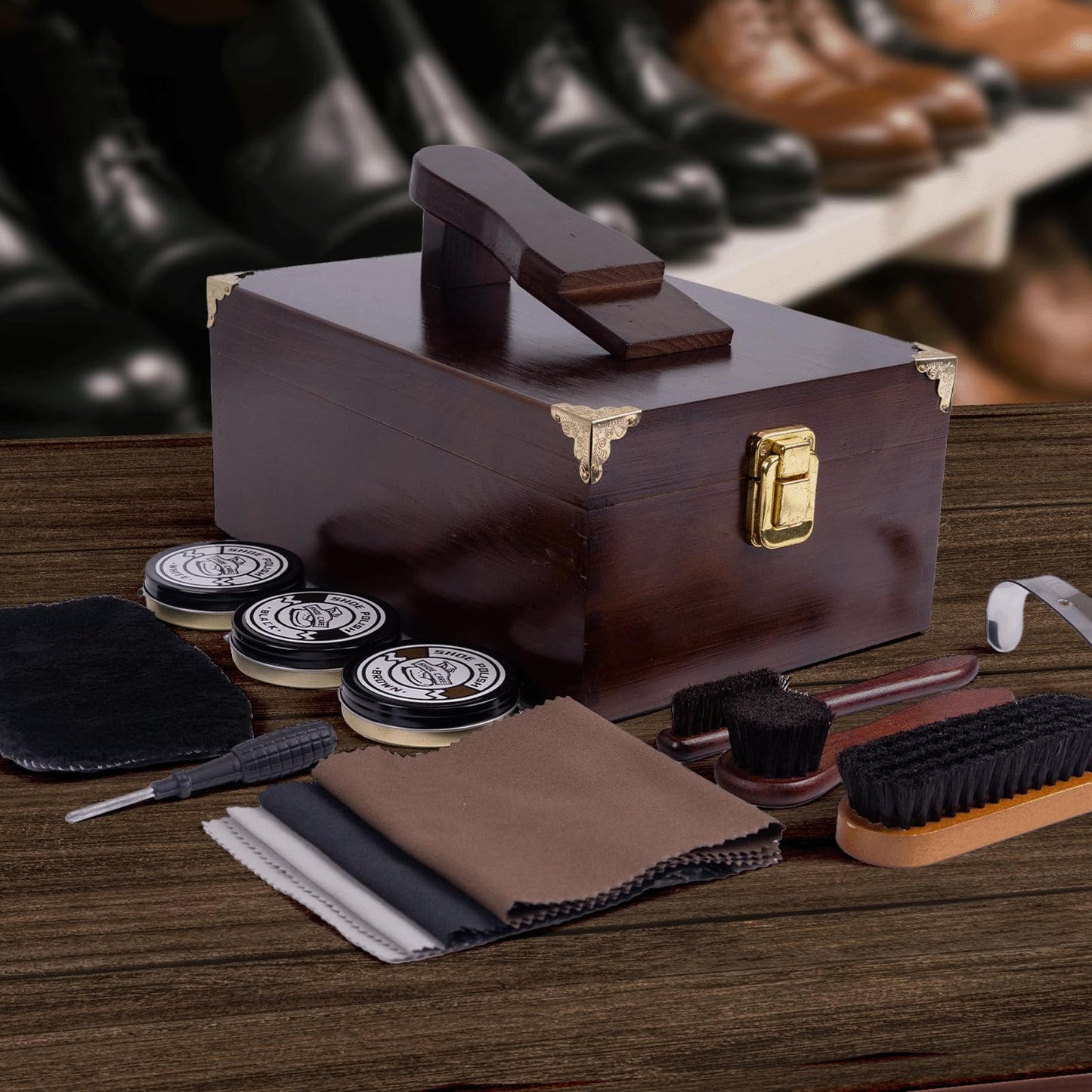 DigNew 10 Pcs Deluxe Shoe Shine Box Set & Shoe Care Polish Kit with Foot Rest, Wooden Care Tools Storage Box Perfect for Multi- Leather Shoes