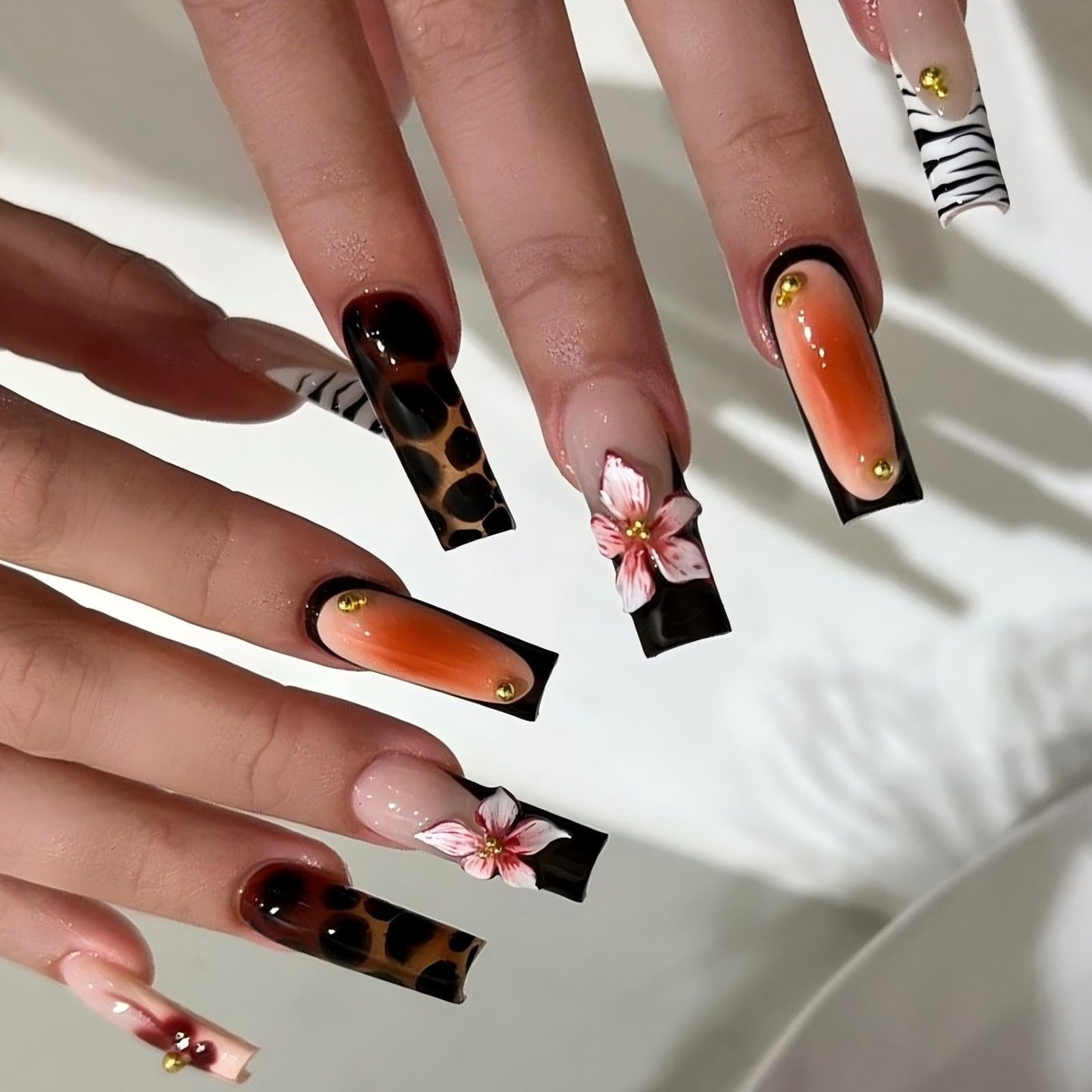 FORBELOVED NAILS,French Tip-Line Zebra Press On Nails,Long Square Glue On Nails,Shiny 3D Flower With Gradient Blush Design False Nails For Women And Girls,12 Sizes-24Pcs with Glue,(Black),FOB