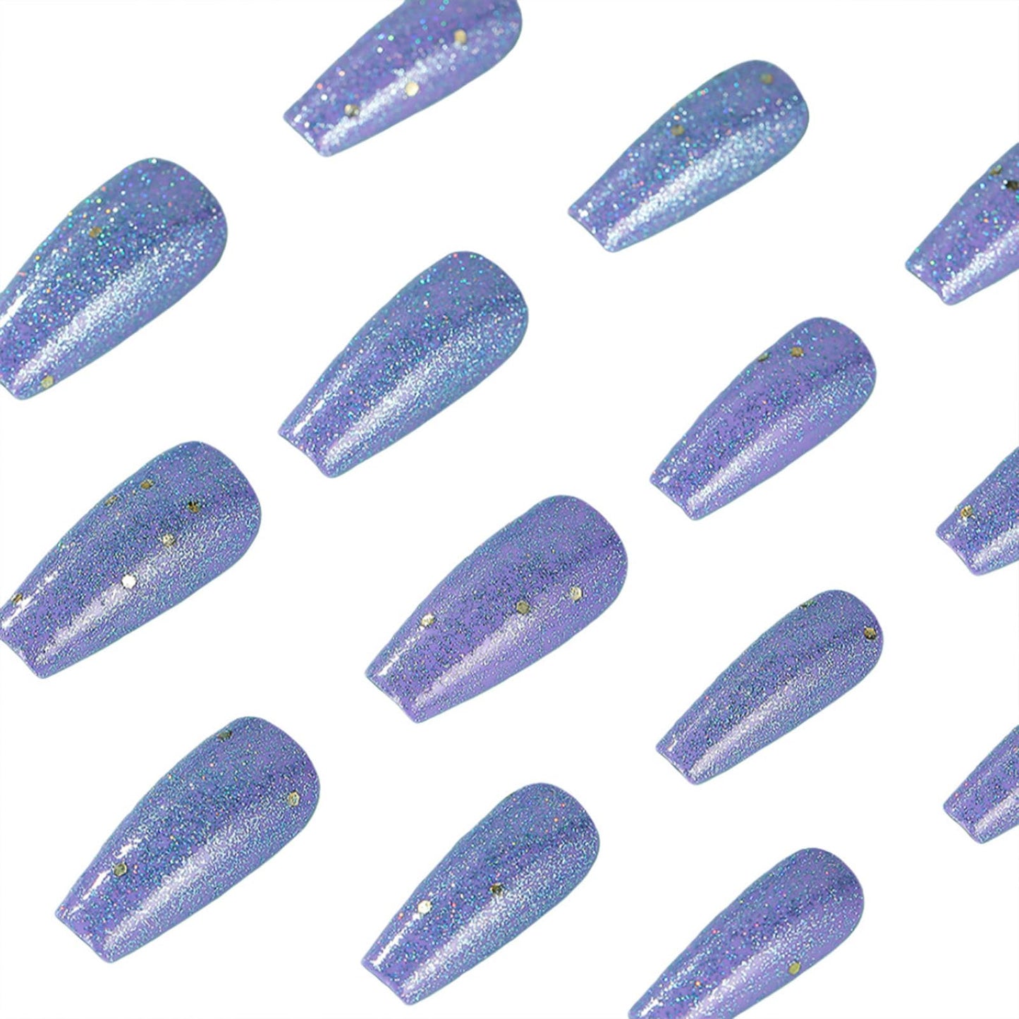 SINHOT Coffin Press on Nails - Medium Fake Nails, Glossy Finish, Blue Bling Glitter, DIY Artificial False Nail Art - 24 Pcs Nail Kit with Glue