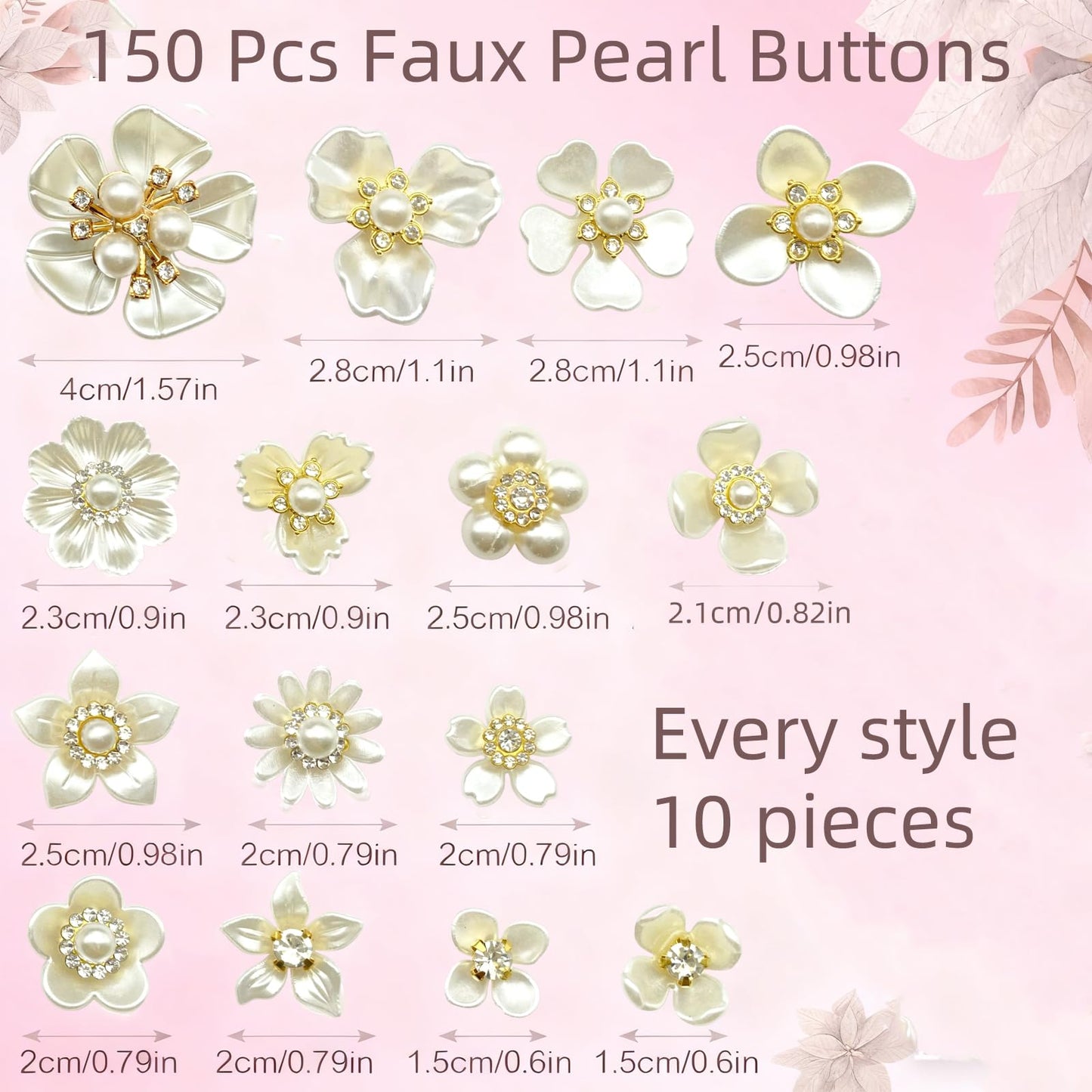 150PCS Rhinestone Buttons Faux Pearl Flat Back Flower Embellishments Vintage Flat Back Sewing Accessory Rhinestone Button for Jewelry Making DIY Craft Wedding