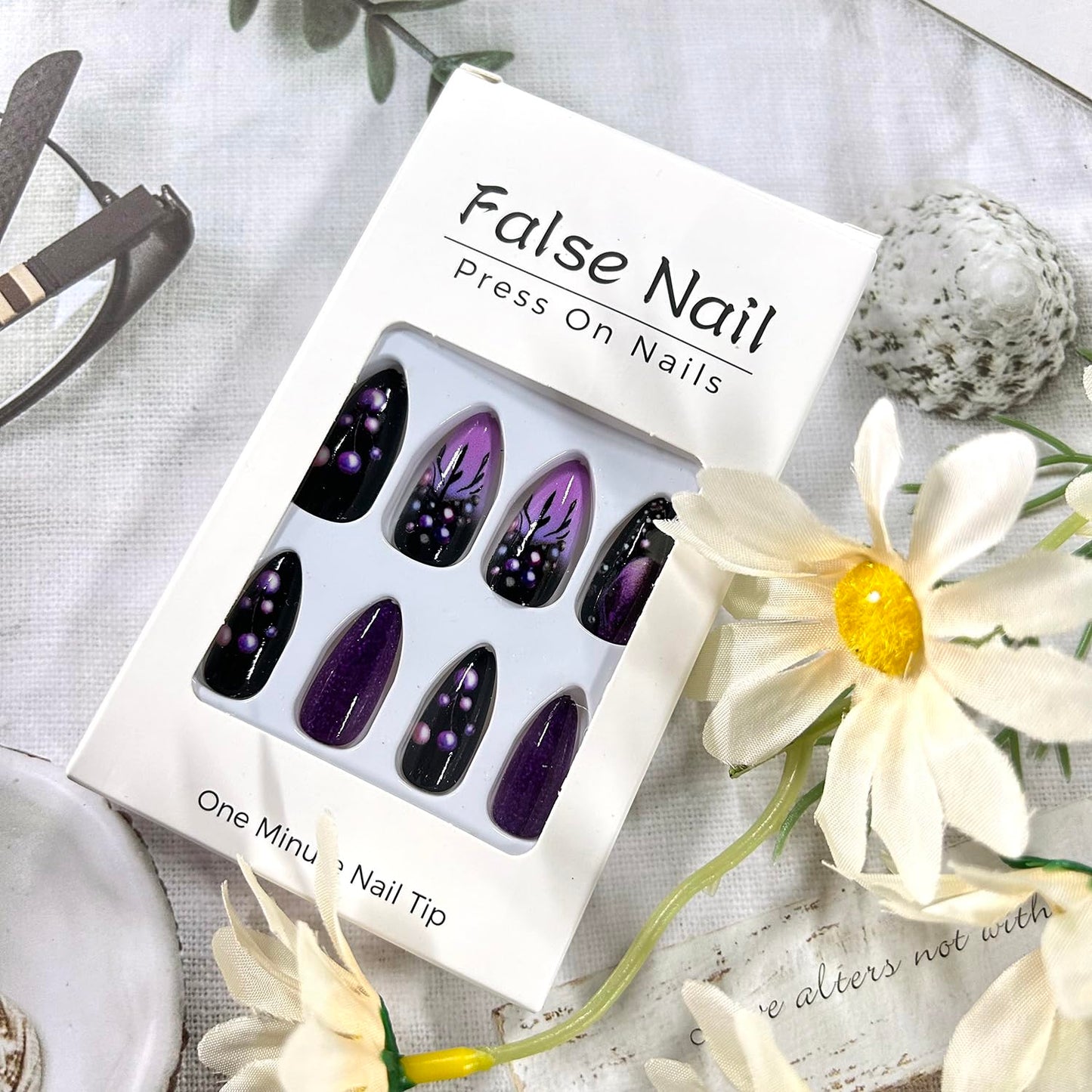 Black Purple Gradient Press on Nails Almond Medium Branches Pattern Design Full Cover Glossy Almond Tip Acrylic False Nail Press Ons Artificial Fingernails 24Pcs DIY Reusable Glue on Nails for Women
