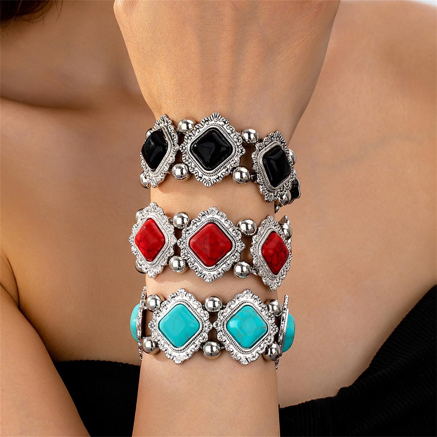 QLYOVWE Turquoise Stone Silver Overlay Link Bracelet for Women Bohemia Gemstone Adjustable Link Bracelets Handmade Link Bracelets Christmas Summer Beach Bracelets Jewelry (Blue)