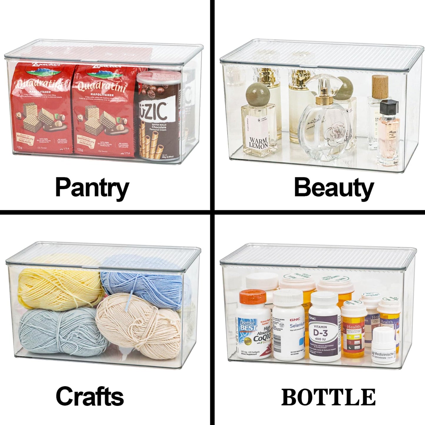 ZEXALOR Clear Plastic Storage Bin with Lid, Organizer for Pantry, Office, Bathroom, Kitchen, Snack, Tea Bag, Coffee Container (Large)