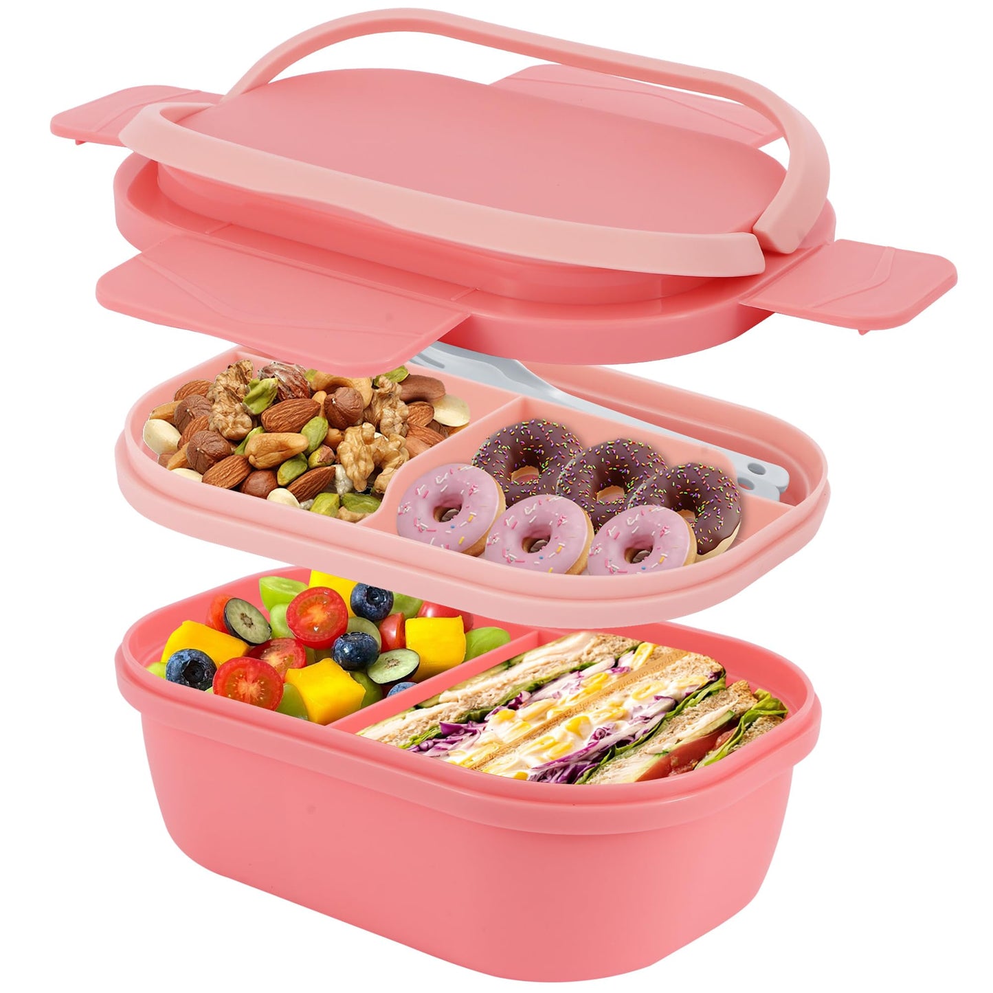 Itopor Leakproof Bento Box Adult Lunch Box with Hidden Handle, BPA-Free 5-Compartment Lunch Containers for Adults with Snack Tray & Utensils, Microwave & Dishwasher Safe, 5 Cup Pink