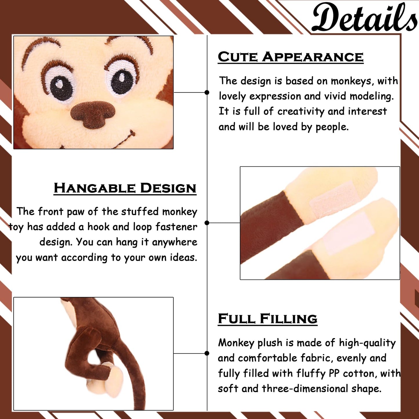 zhidiloveyou 4PCS Hanging Monkey Stuffed Animals Plush Cute Brown Monkey Toy for Kids, 27.6"