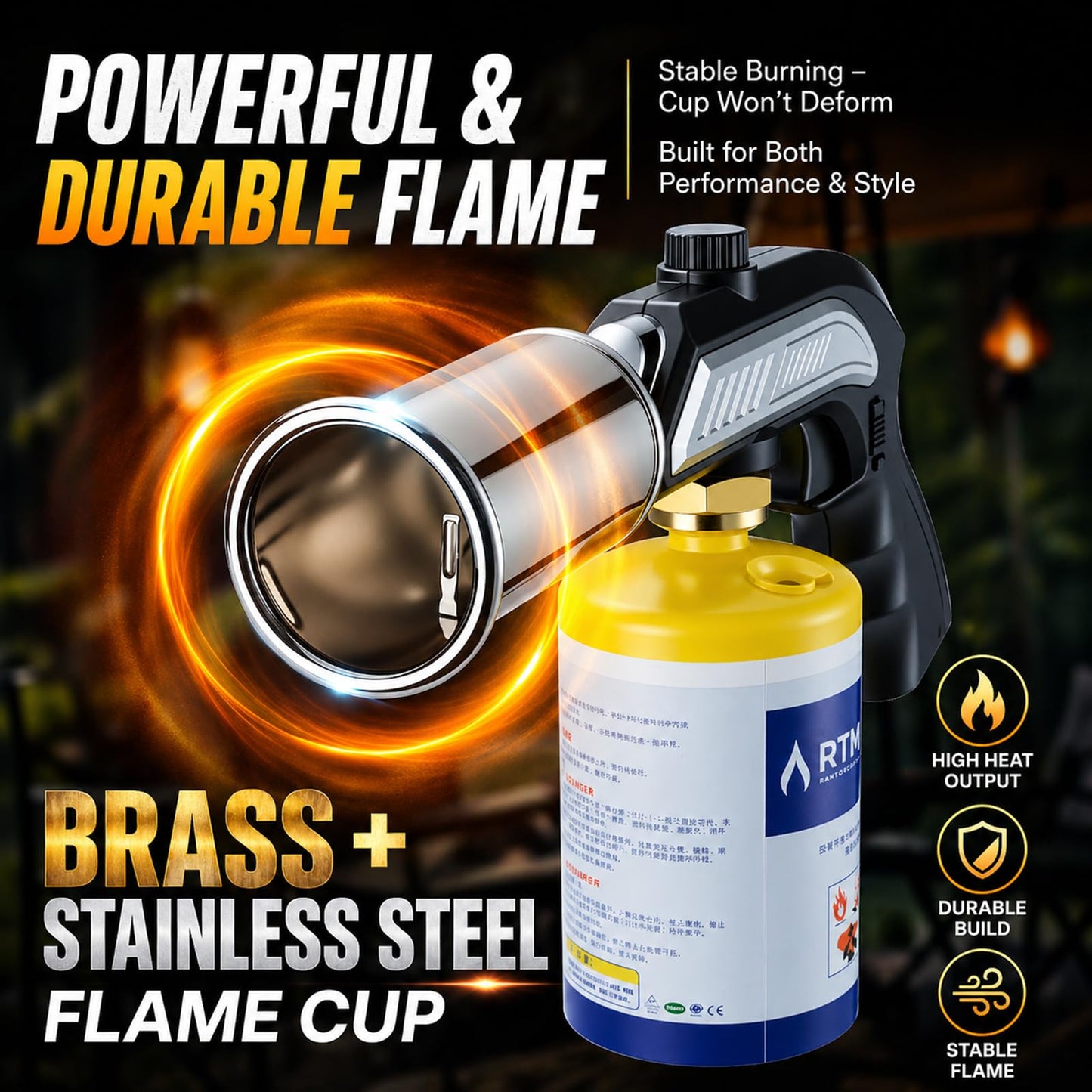CYJBAO Propane Torch Head with Adjustable Flame & Safety Lock - Heavy Duty Brazing Burner for Soldering, BBQ Grill, Charcoal, Fire Starter, and Culinary Cooking (Tank Not Included)-Black Silver