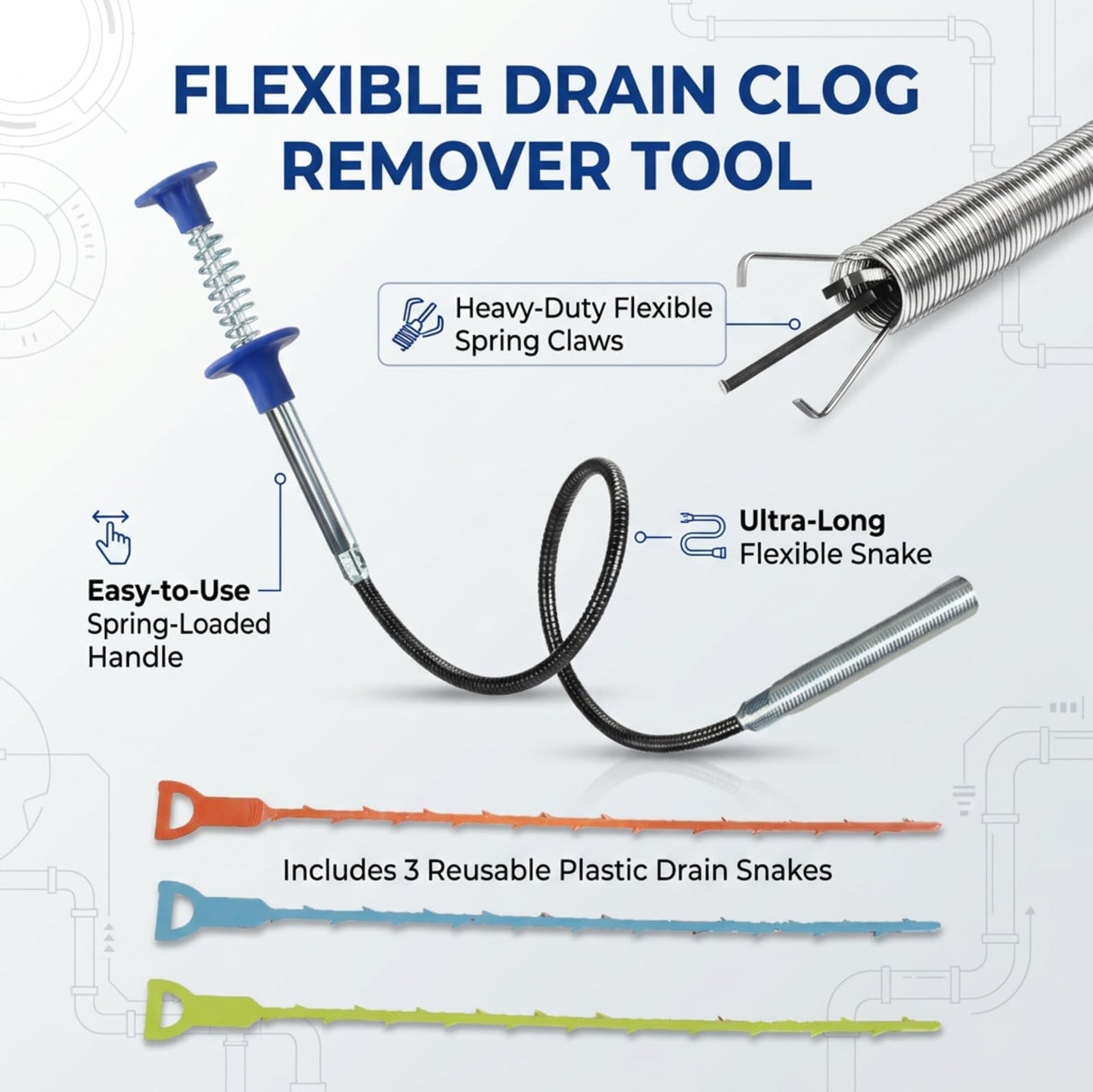 Drainage Snake, Drainage Cleaner, and Hair Removal Tool - Upgraded Version With Easier Pressing, Suitable for Toilet Unclogging, Sink, Shower, Flexible Drainage Snake - (23 inches, 79 inches)