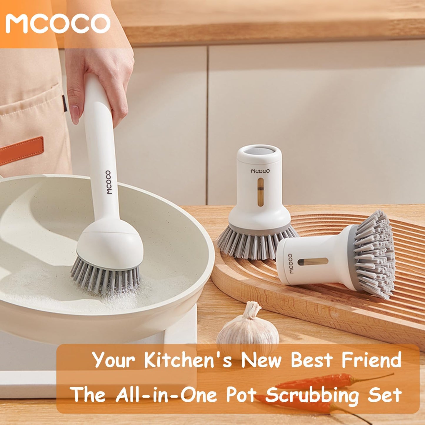 MCOCO Dish Brush Set with Soap Dispensing Palm Brush Dish Scrub Brush with Soap Dispenser Palm Dish Brush Kitchen Cleaning Brush with Ergonomic Long Handle for Cleaning Sink, Pot, Pan, Stove, Yellow