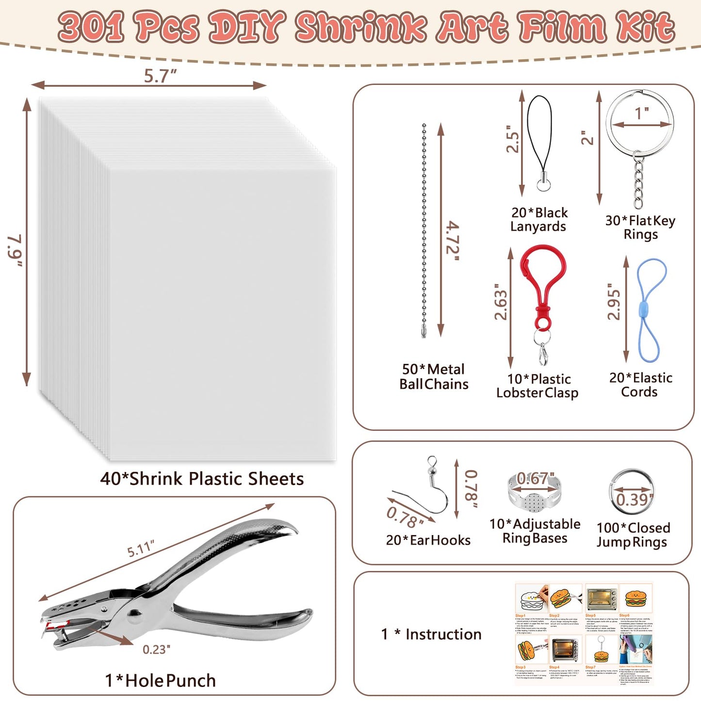 Yalumo 301 Pcs Shrink Plastic Sheets Kit, 40 Shrink Paper Sheets 5.7 x 7.9 Inch with Earring, Ring and Keychain Accessories for DIY Shrinky Art, Ornament, Craft Project, Handmade Gift and Home Decor