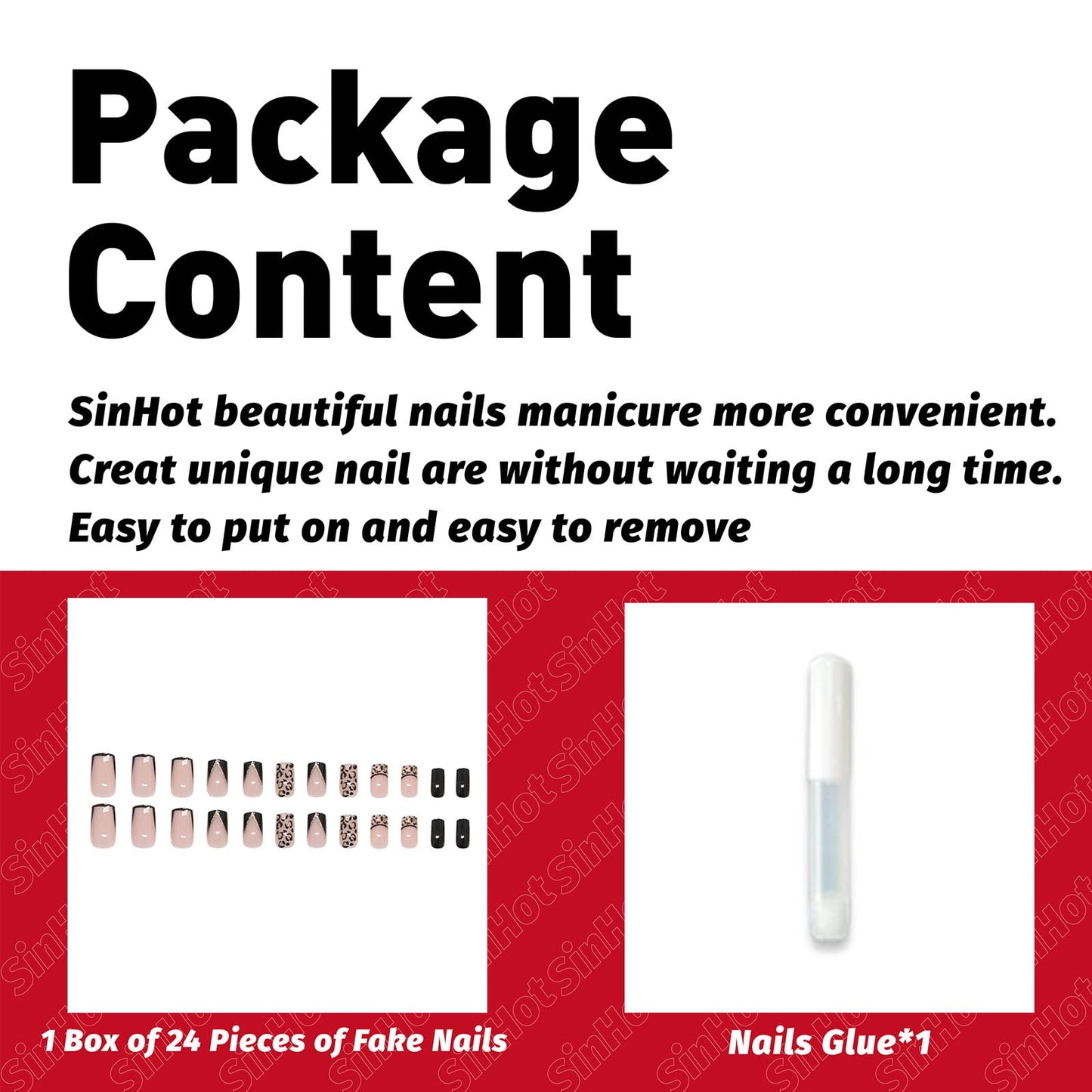 SINHOT Press on Nails - Short Square Fake Nails, Glossy Finish, Black French Tip & Cheetah, DIY Artificial False Nail Art - 24 Pcs Nail Kit with Glue