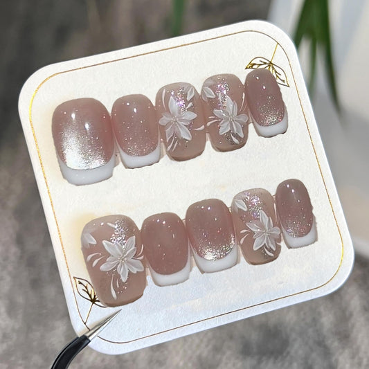Handmade Press on Nails White French Press on Nails Short Square Fake Nails with Flower Designs Pink Sparkling False Nails Stick on Nails for Women DIY Accessories (Size M)