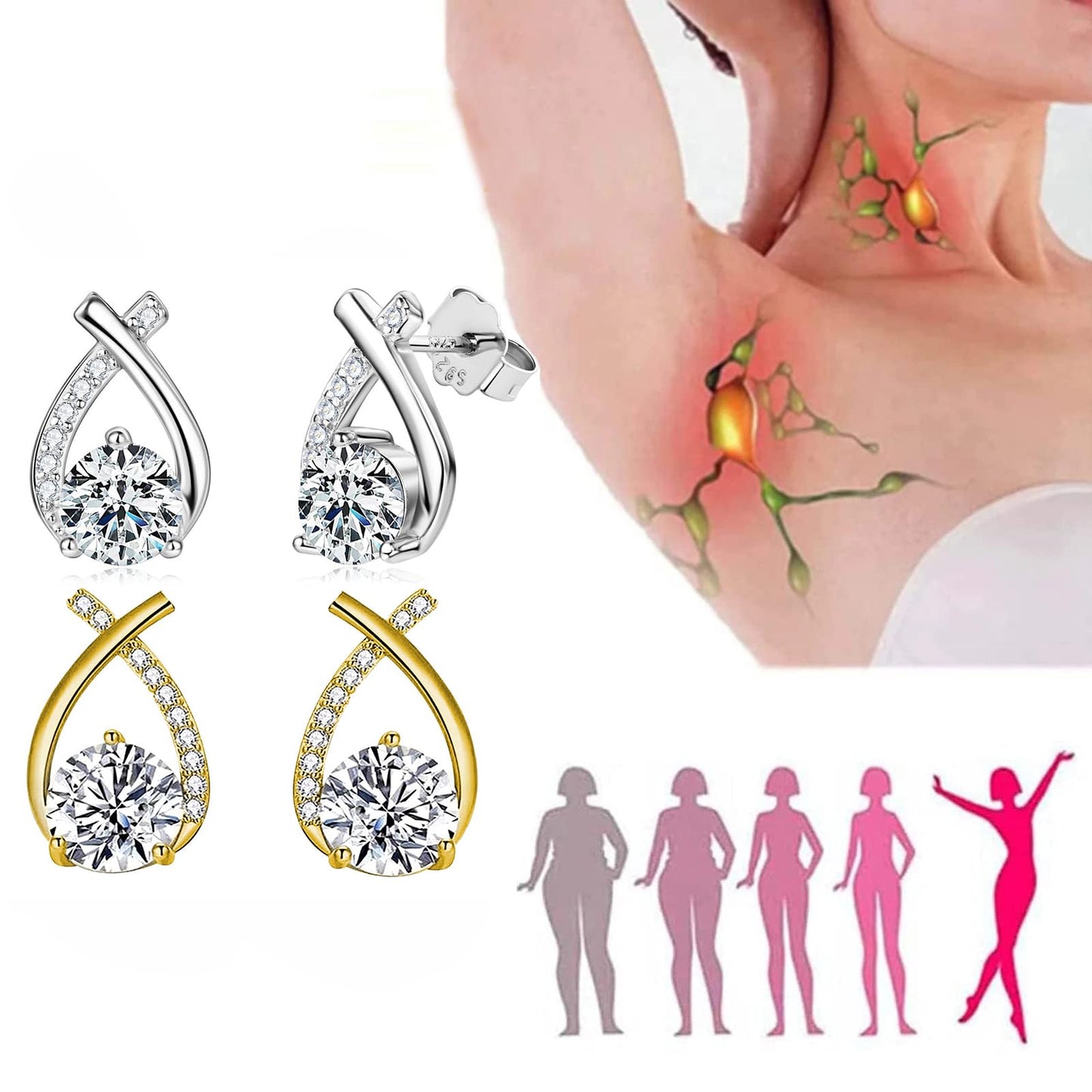 Lucpee Lymphatic Earrings, Slimaoo Halolux Lymphvity Germanium Earrings Lymph Flow Drainage Detox Magnetogen Acupuncture Therapy Slimming Sparkly Zircon Jewelry Gift (Gold+Silver)