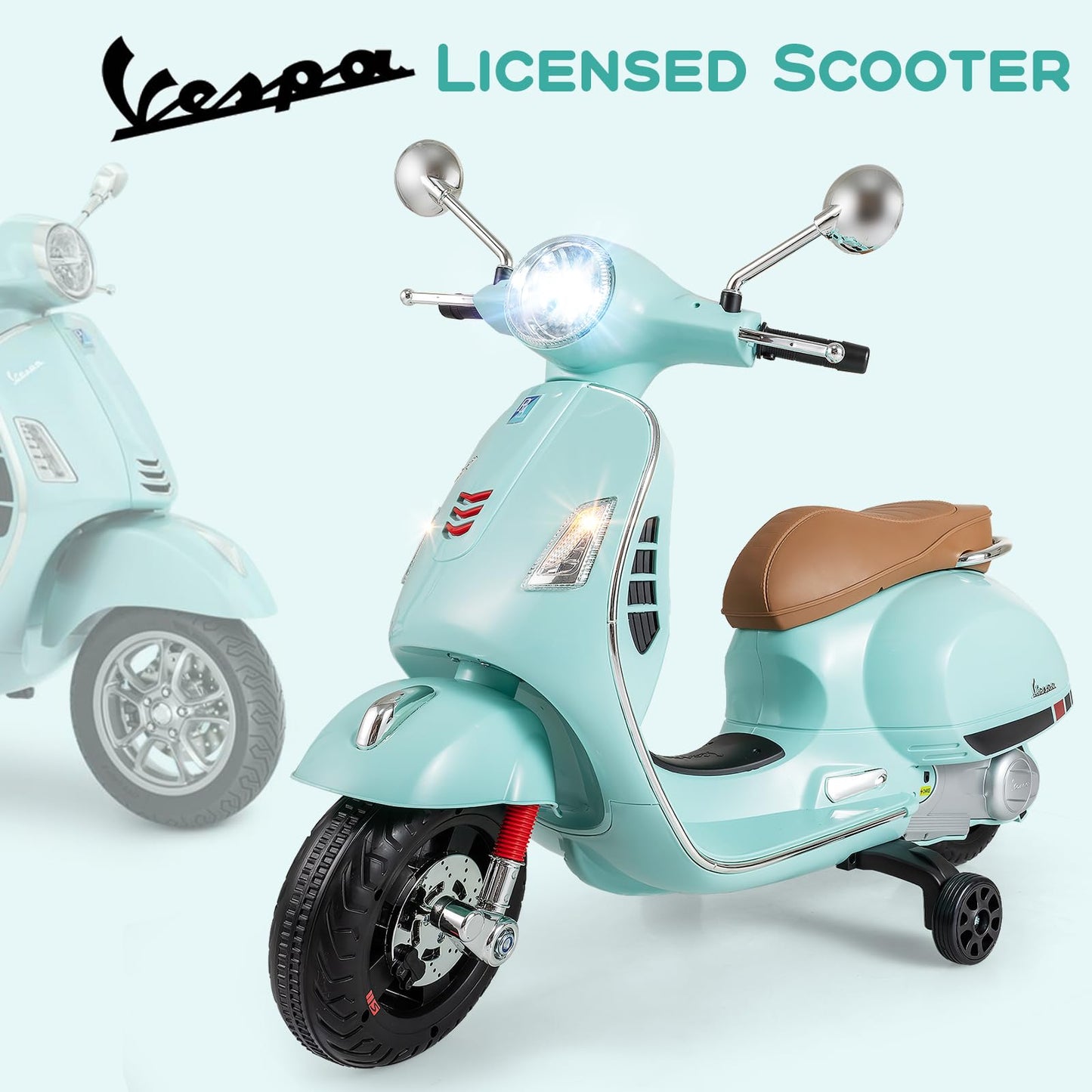 Licensed Vespa 12V Kids Motorcycle by INFANS with Training Wheels, Music, Story, Horn, Lights for 3-6 Years (Green)