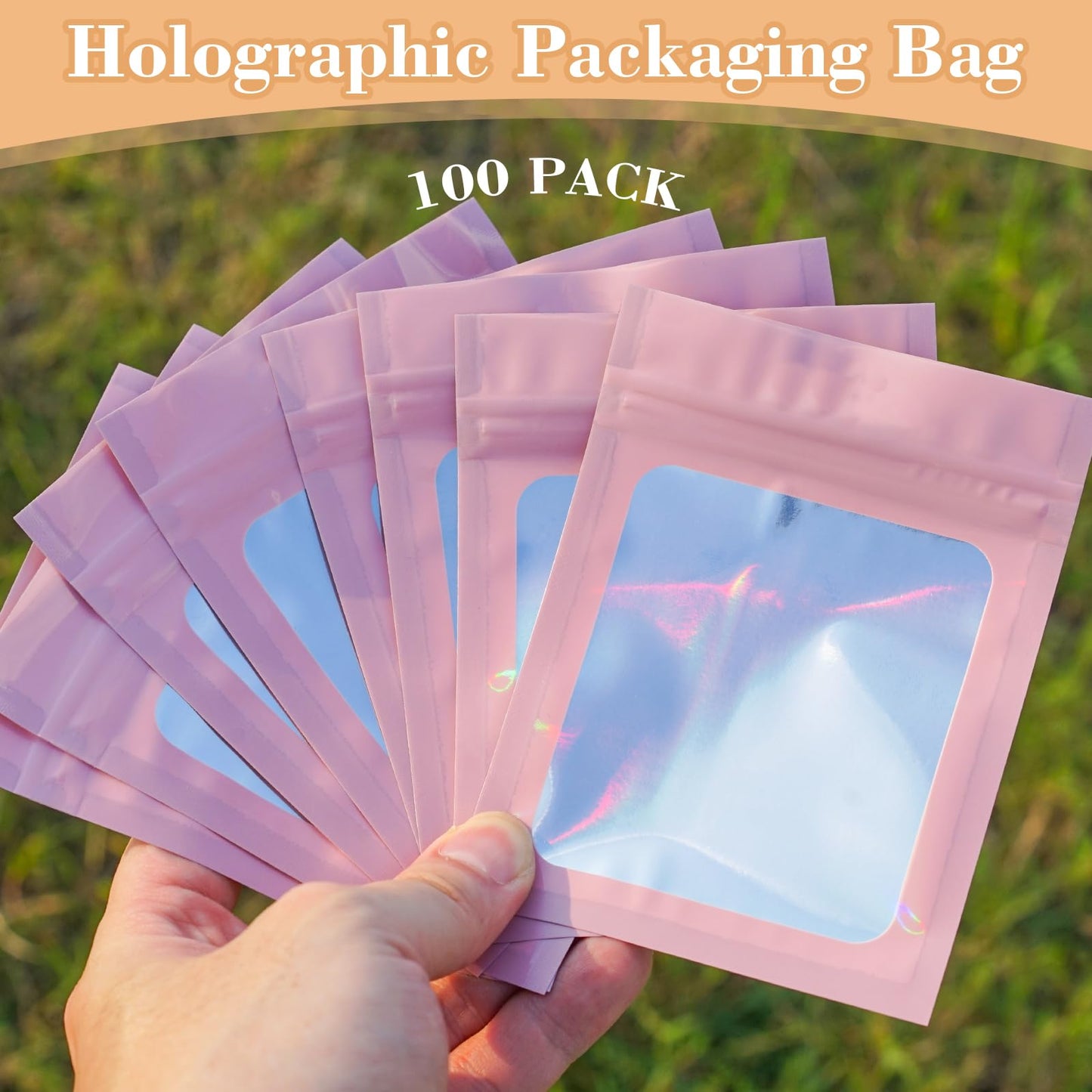 202pcs Press on Nail Packaging Bag, 100pcs Empty Holographic Nail Storage Bag and 100pcs Instruction&Display Black Cardboard with 2 Roll Transparent Tape for Nail Display Profession Salon(Pink, 100)