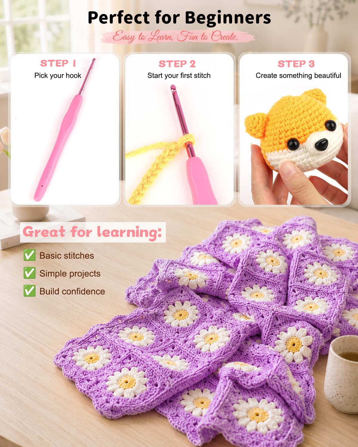 Aeelike Crochet Kit for Beginners Adults, Crochet Kits Include Yarn, 59pcs Crochet Starter Kit for Beginners,Ergonomic Crochet Hooks 2.0-6.0 mm, Lace Steel Needles 0.6-1.9 mm