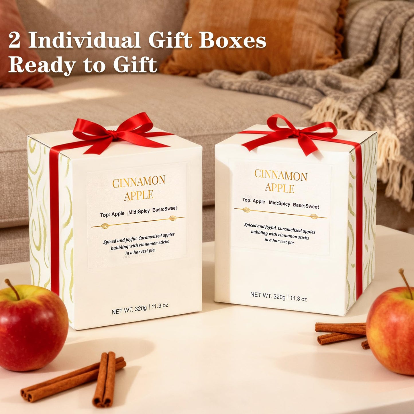 Scented Candles for Home,2 Pack Wood Wick Cinnamon Apple Scented Candles,Long Lasting Natural Soy Wax Candles with Gift Boxes,Cozy Aromatherapy Candle for Home Decor