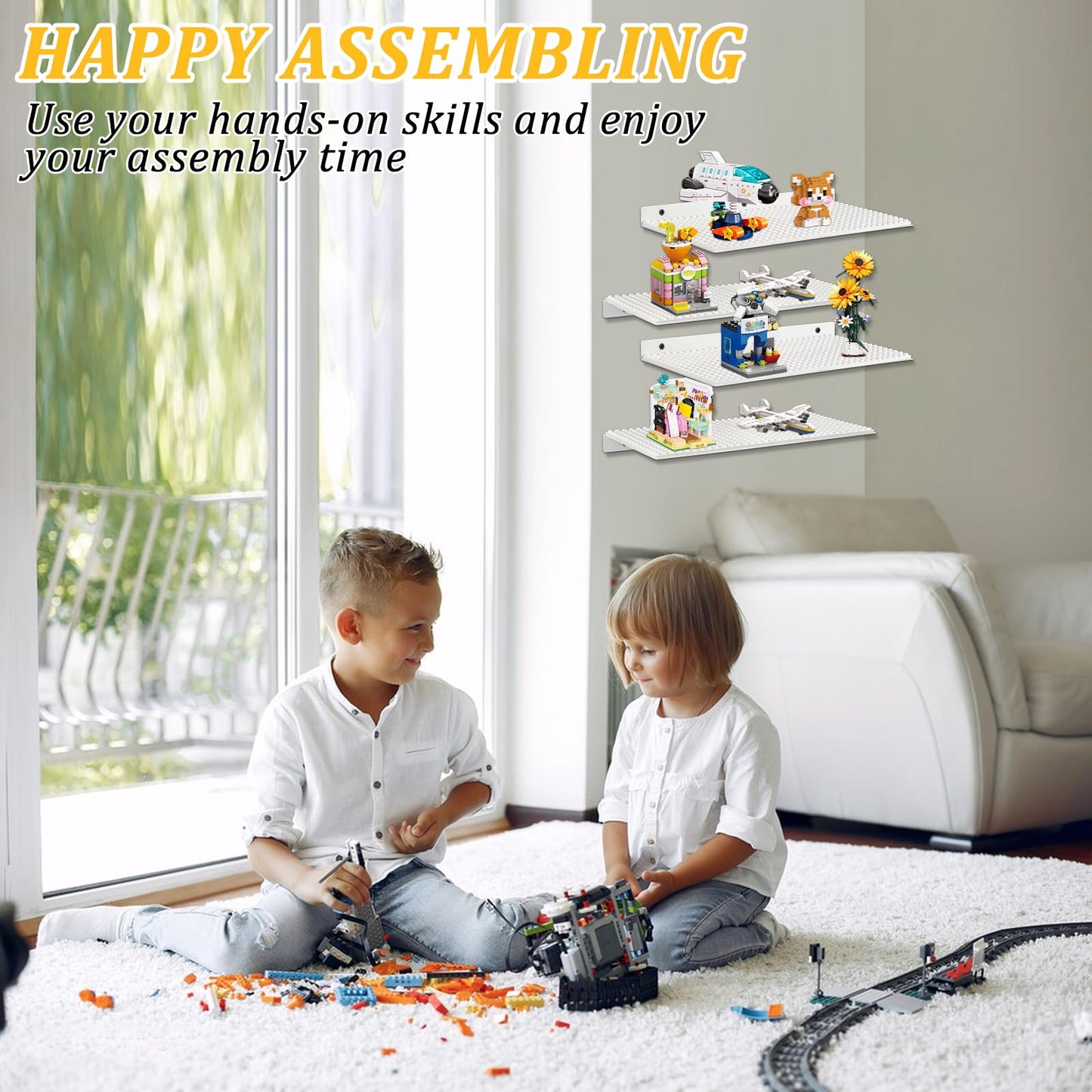4 Pack Display Shelves for Building Bricks, Display Case Compatible with Brick Building Baseplate, Metal Floating Magnetic Display Cabinet Wall Mounted, Works with Major Building Blocks (4-White)