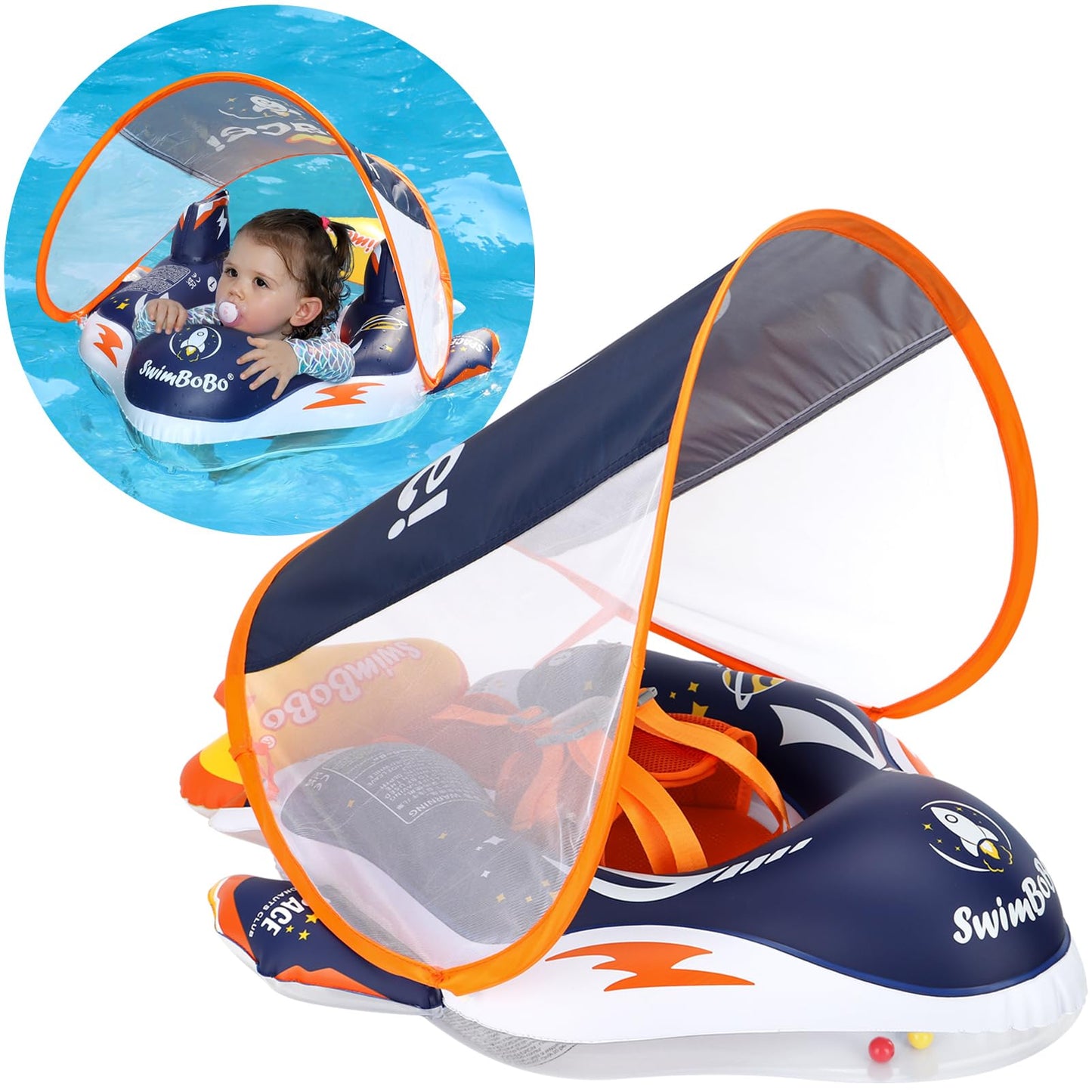 Swimbobo Baby Swimming Float Kids Inflatable Swim Ring with Safety Support Bottom Swimming Pool Accessories for 3-36 Months (Deep Blue Spaceship, Large)