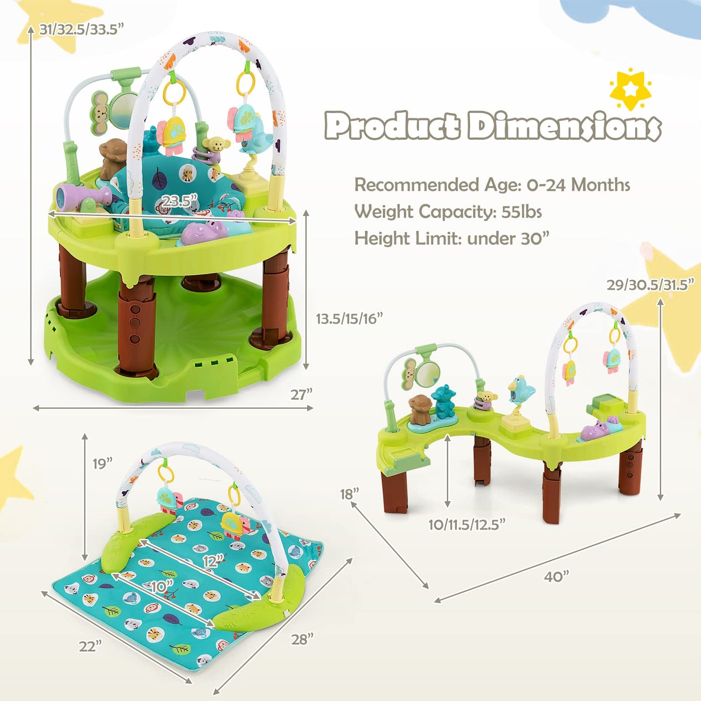 HONEY JOY Baby Bouncer Activity Center, 3-Stage Bouncing Activity Saucer & Playtime Mat & Activity Table, Toy-Bar, 3 Adjustable Heights, Foldable Activity Center for Infants & Toddlers(Green)