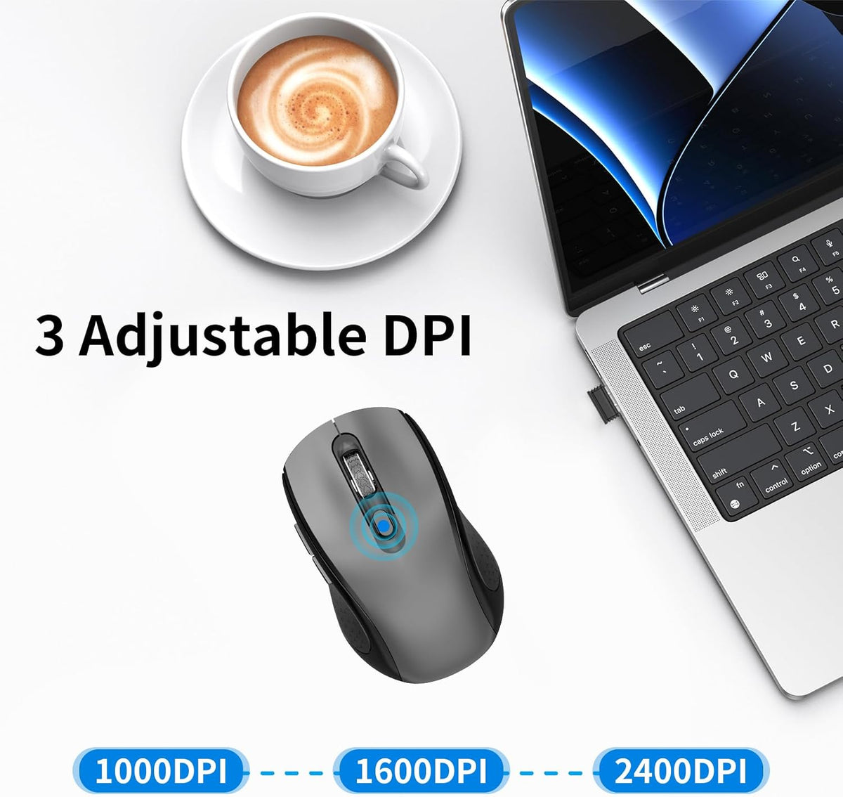 Wireless Mouse Ergonomic, Side Buttons Mouse, 2400 DPI, Silent and Anti Slip Roller Cordless Mice, 2.4Ghz with USB Receiver, 6 Buttons, Suitable for Laptop PC Chromebook and Windows 11/10/7 - Grey